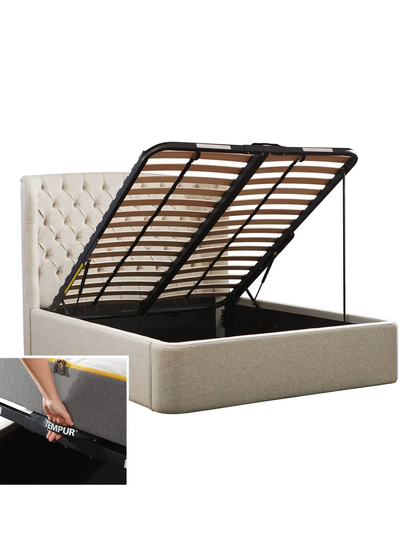 King Size Ottoman Bed with Storage - Beige, Fabric