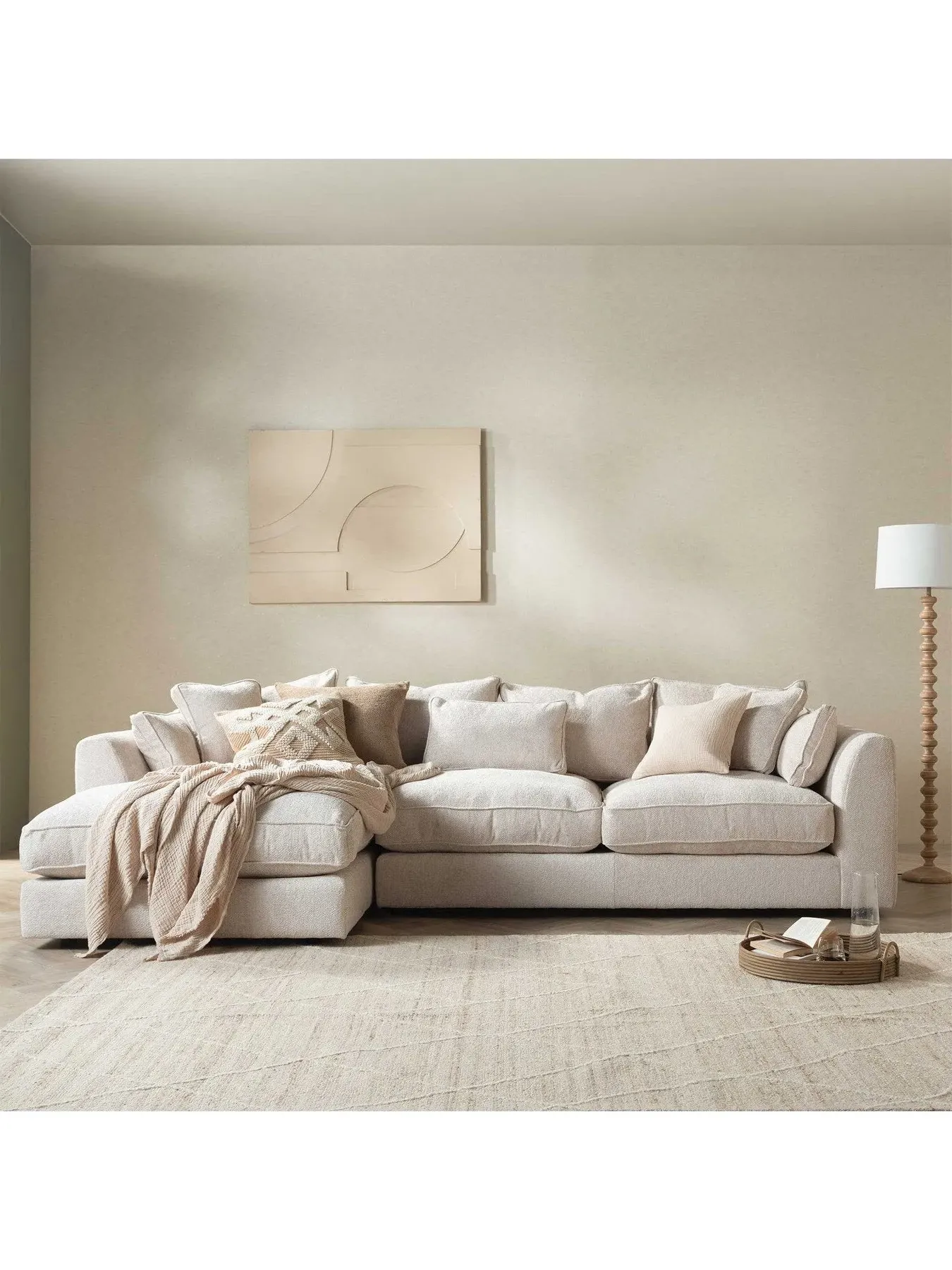 Large Right Hand Corner Sofa - Neutral, Velvet