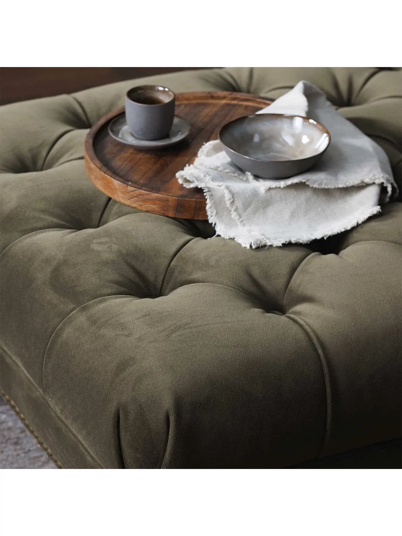 Rectangular Footstool with Brass Studs - Green, Velvet