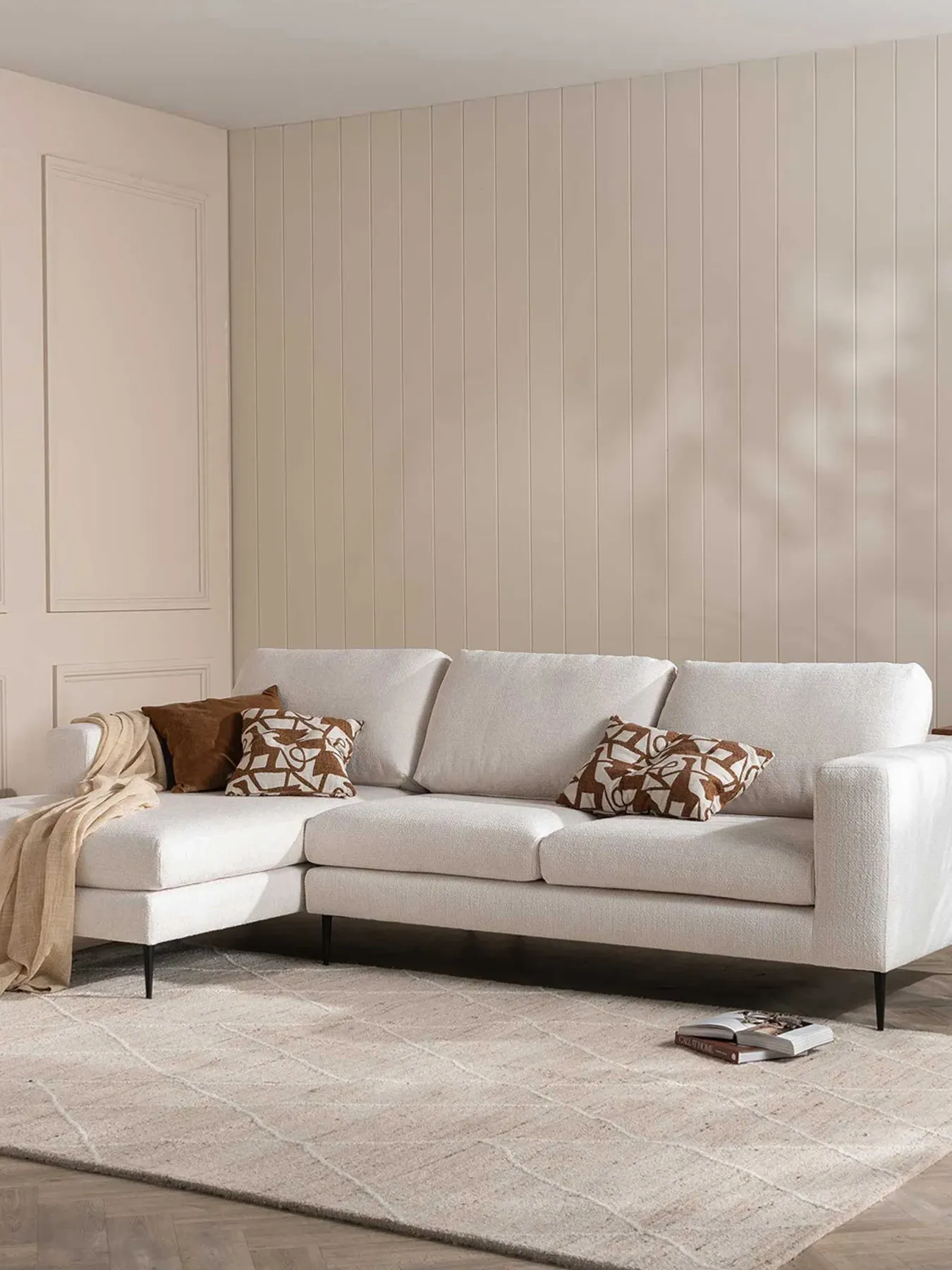 Right Hand Chaise Sofa - Neutral, Boucle Fabric