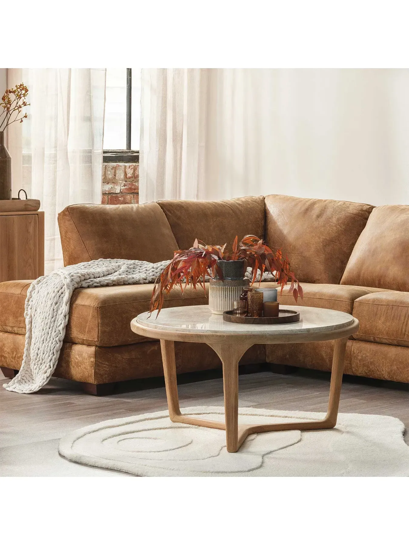 Round Coffee Table - Brown, Teak & Marble
