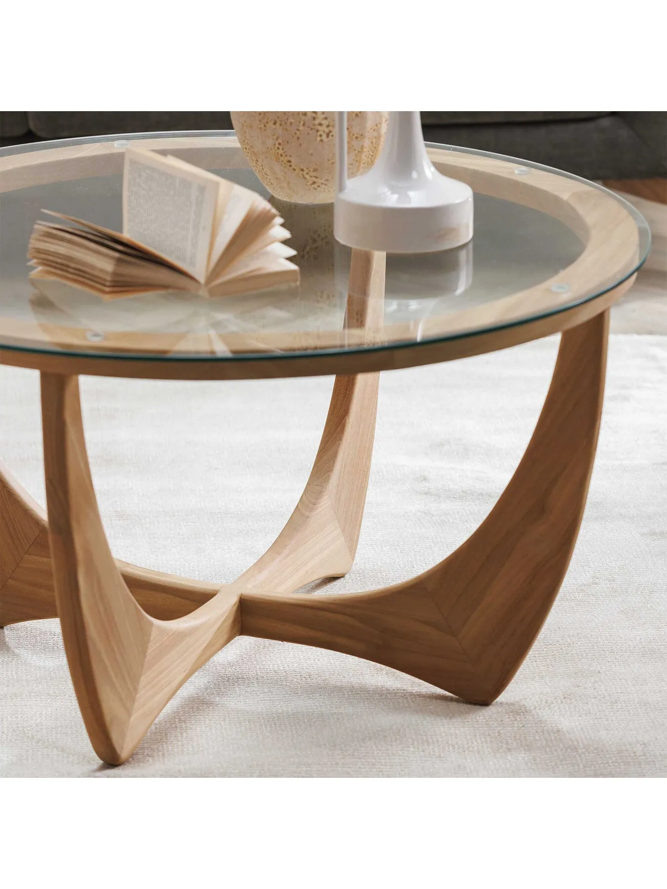 Round Coffee Table with Glass Top - Brown, Teak