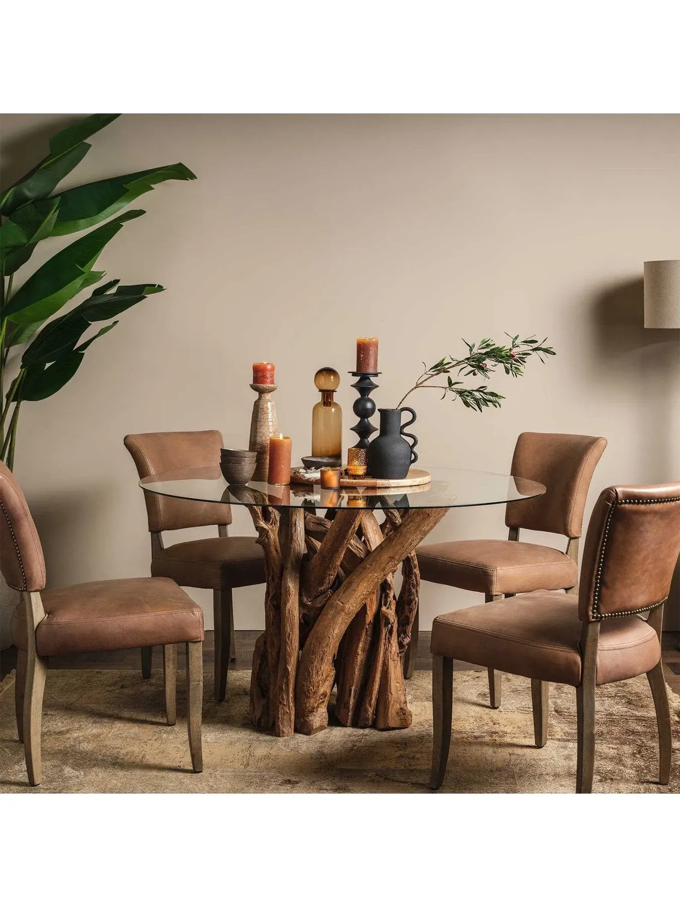 Round Dining Table with Glass Top - Teak