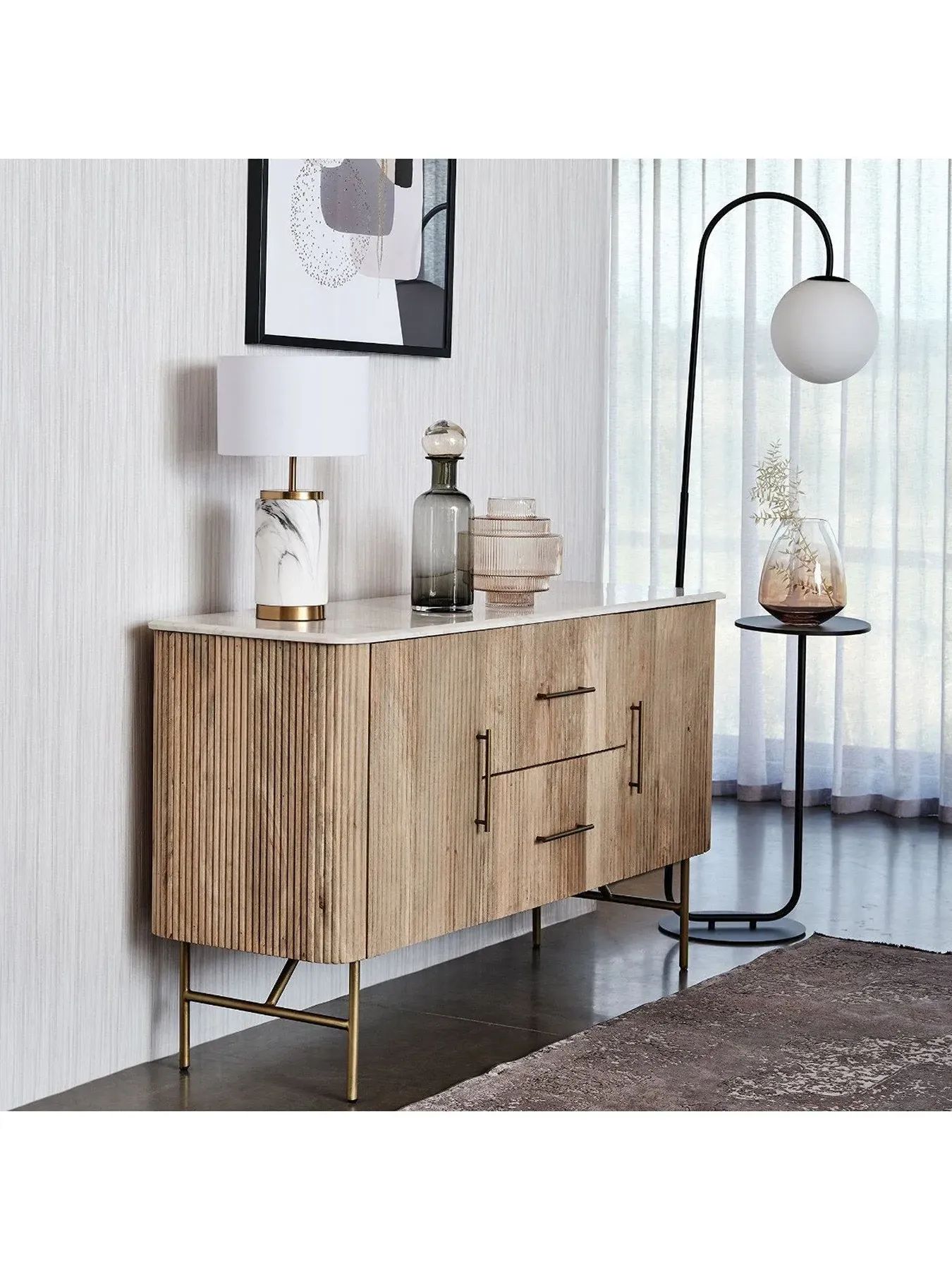 Sideboard with Marble Top - White, Mango Wood