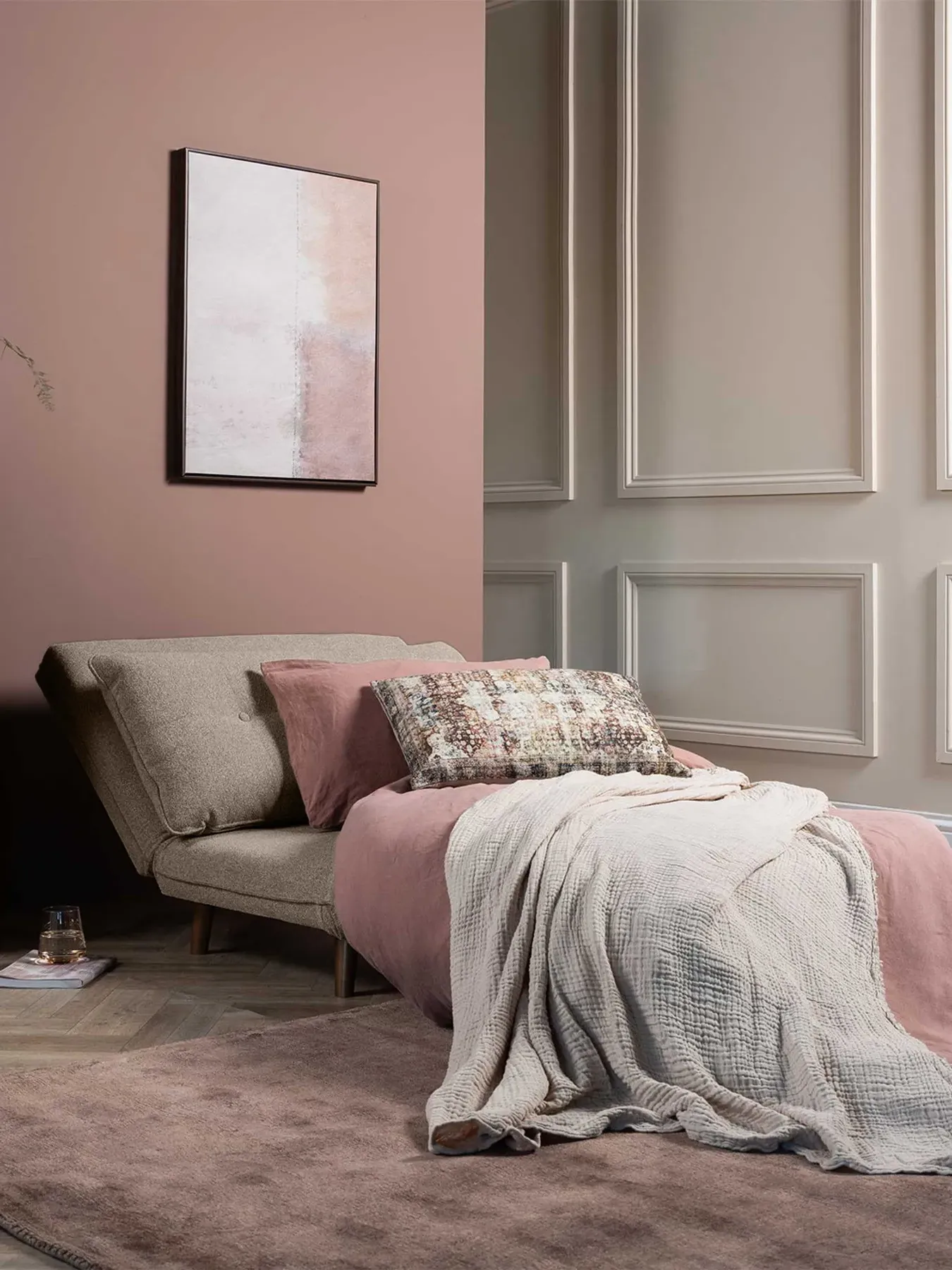 Sofa Bed with Wood Legs - Beige, Fabric