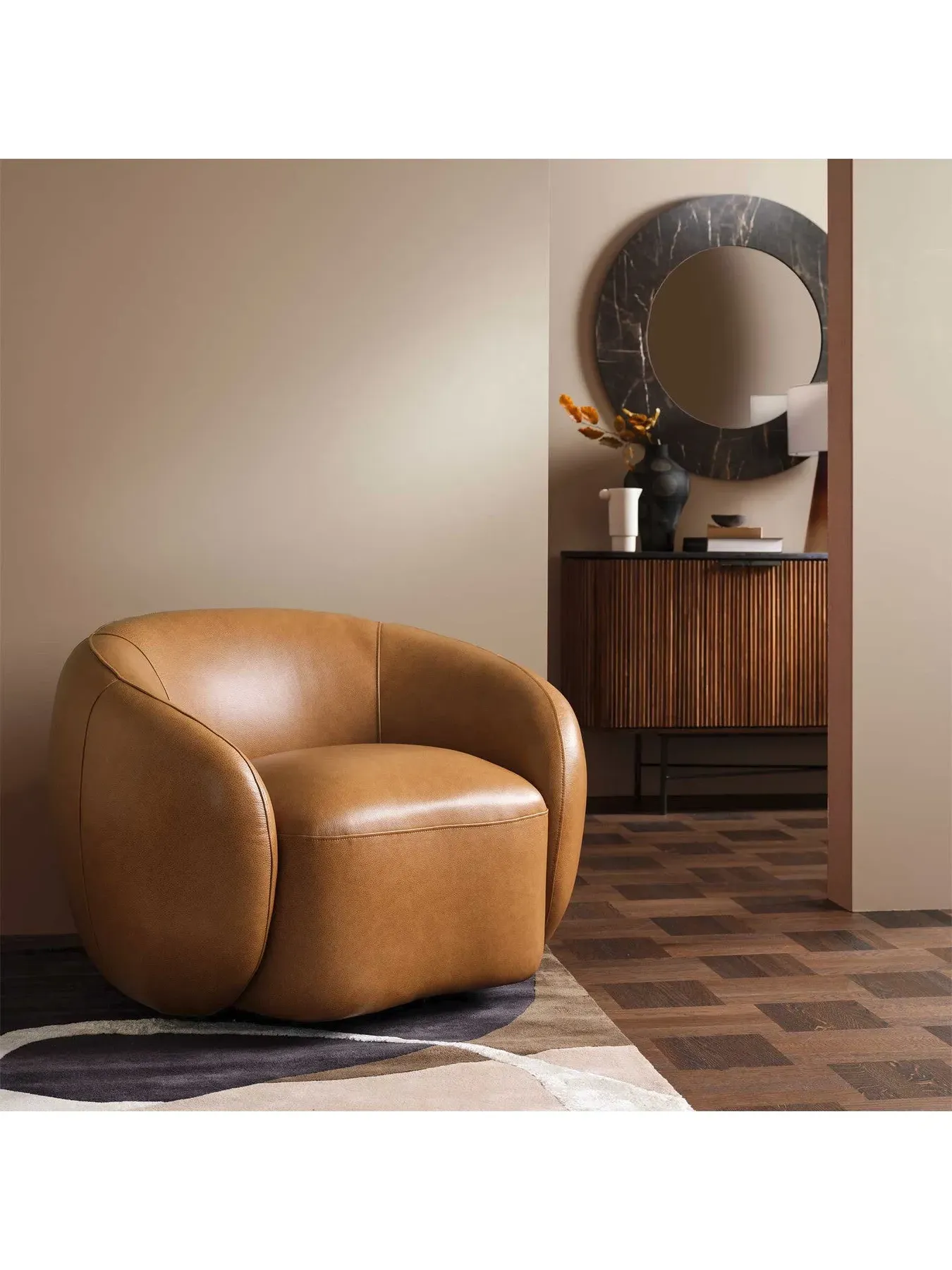 Swivel Chair with Cushioning - Brown, Leather