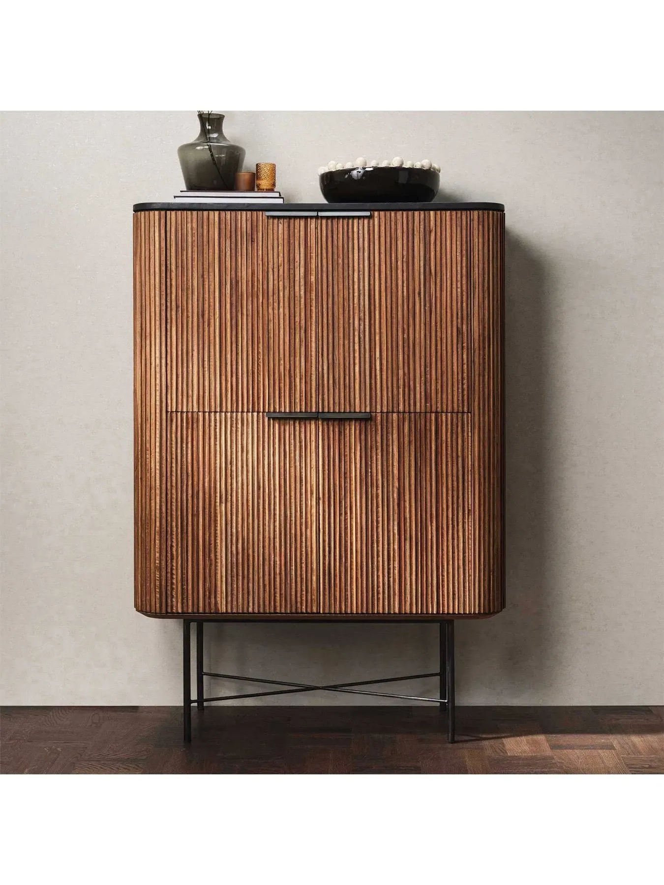 Tall Cabinet with Fluted Design - Brown, Teak
