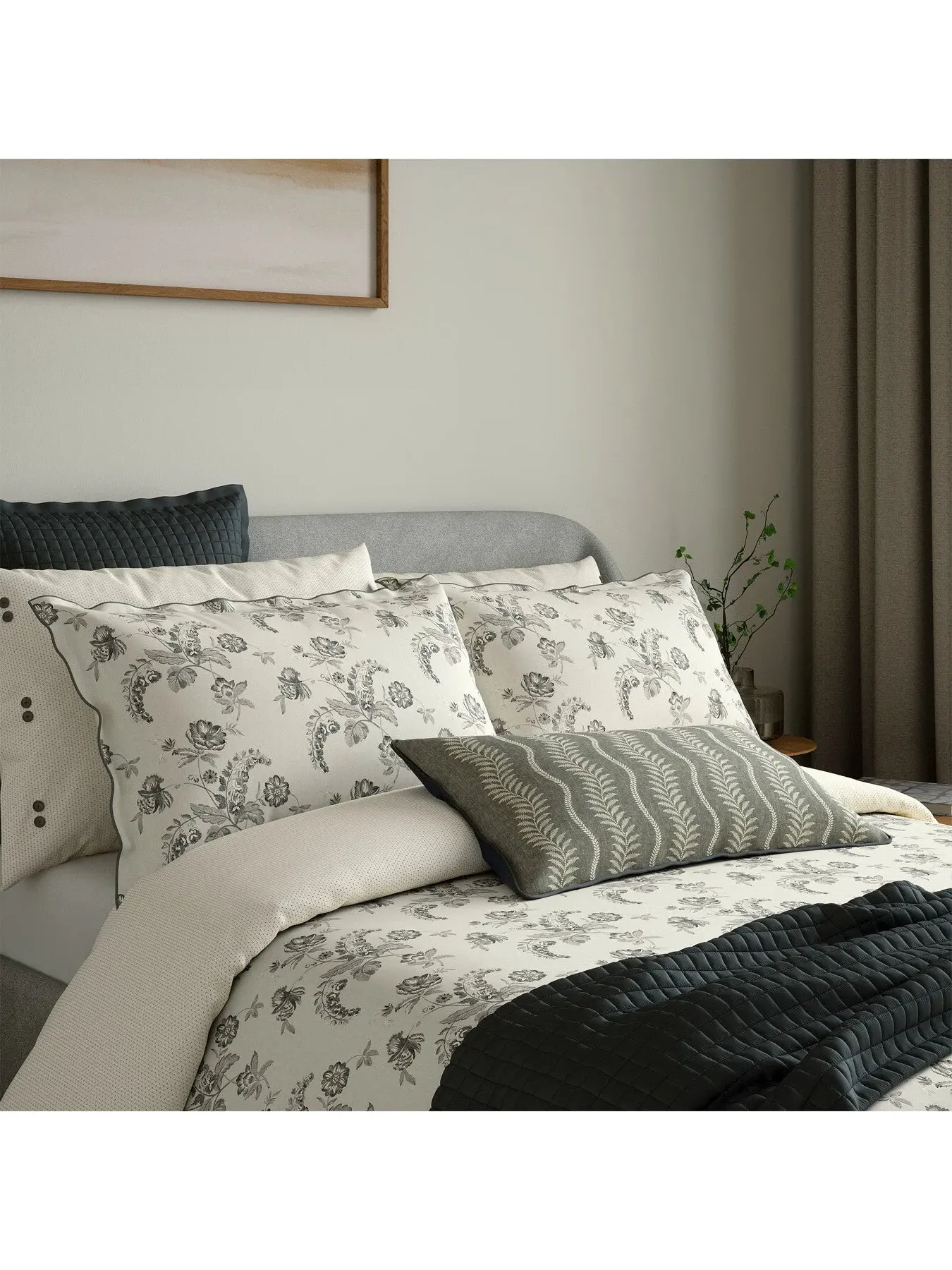 Single Duvet Cover Set Floral - Charcoal, Cotton