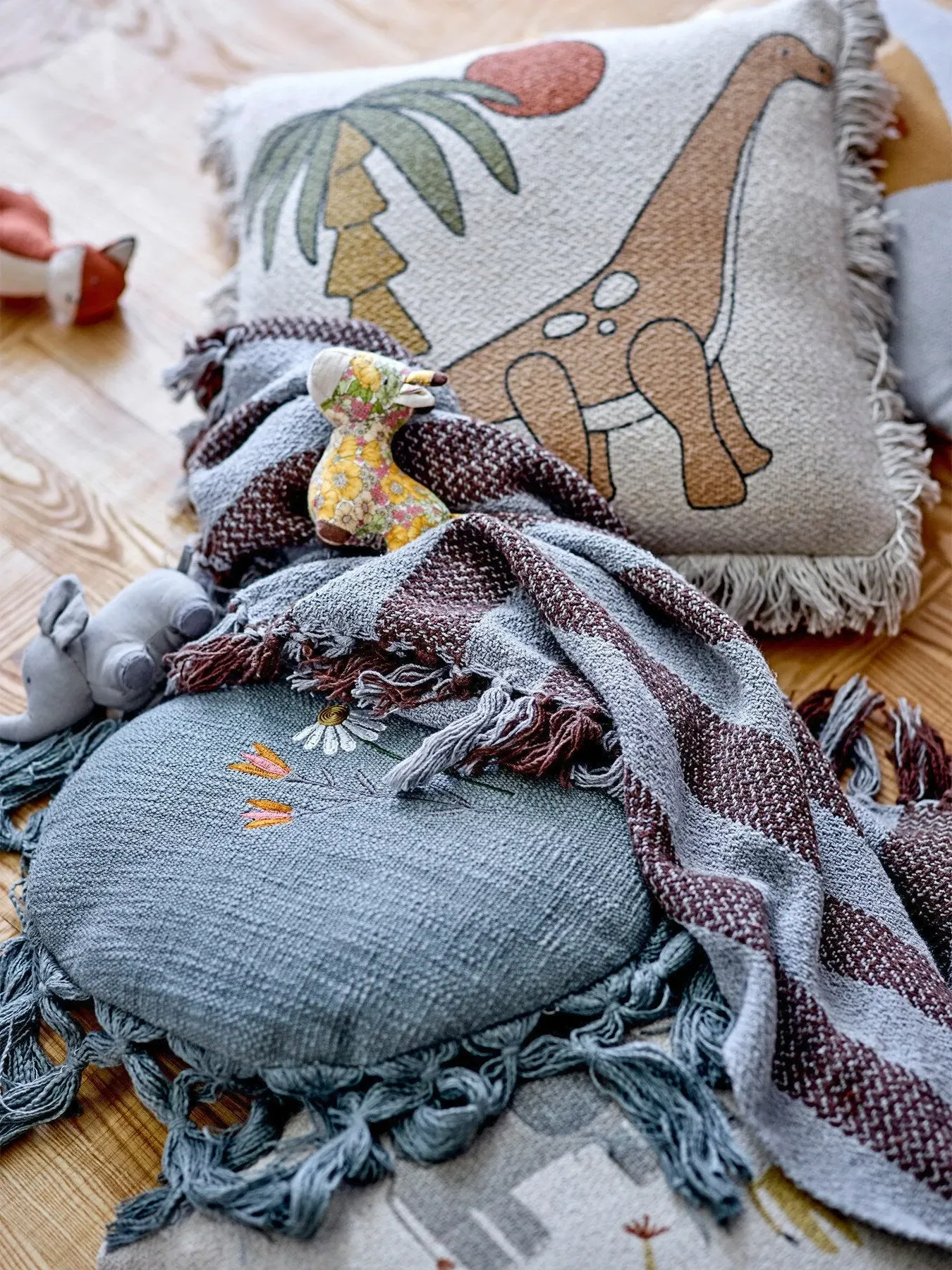 Square Cushion with Dinosaur Print - Natural, Cotton