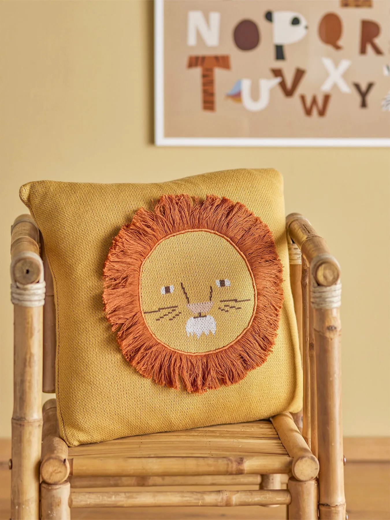Square Cushion with Lion Design - Yellow, Cotton