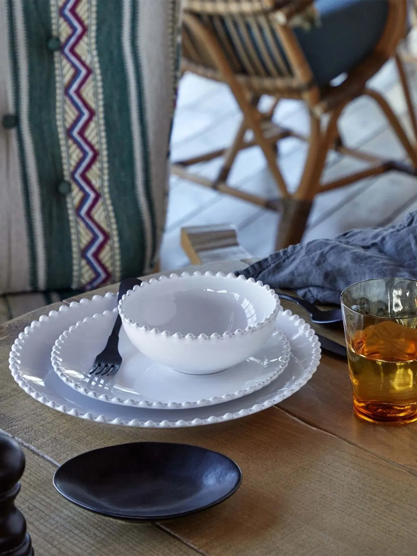 Low Bowl with Beaded Rim - White, Stoneware
