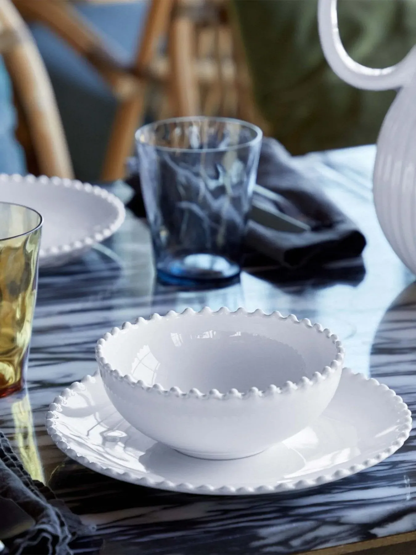 Low Bowl with Beaded Rim - White, Stoneware