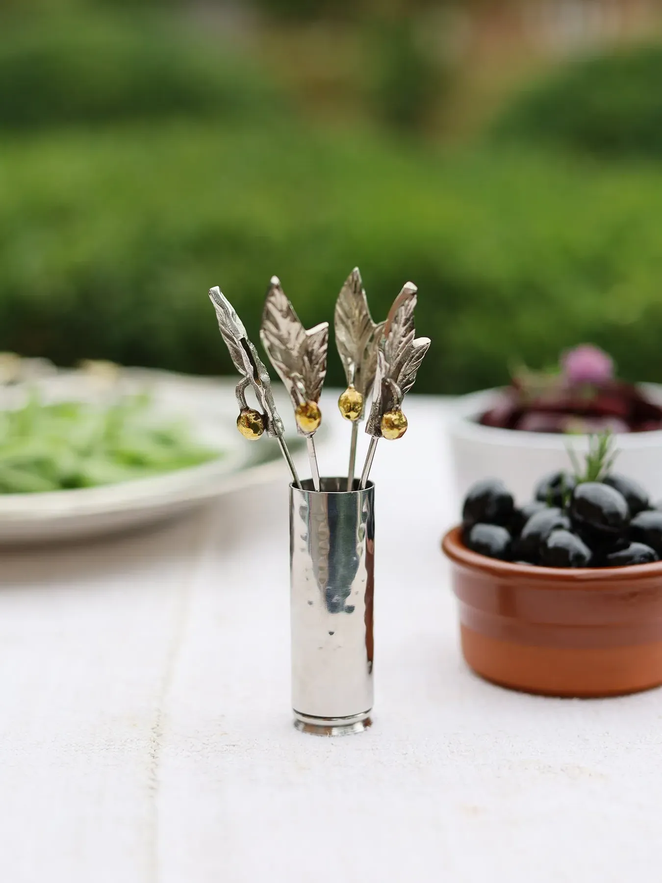 4-Piece Olive Pick Set with Holder - Steel