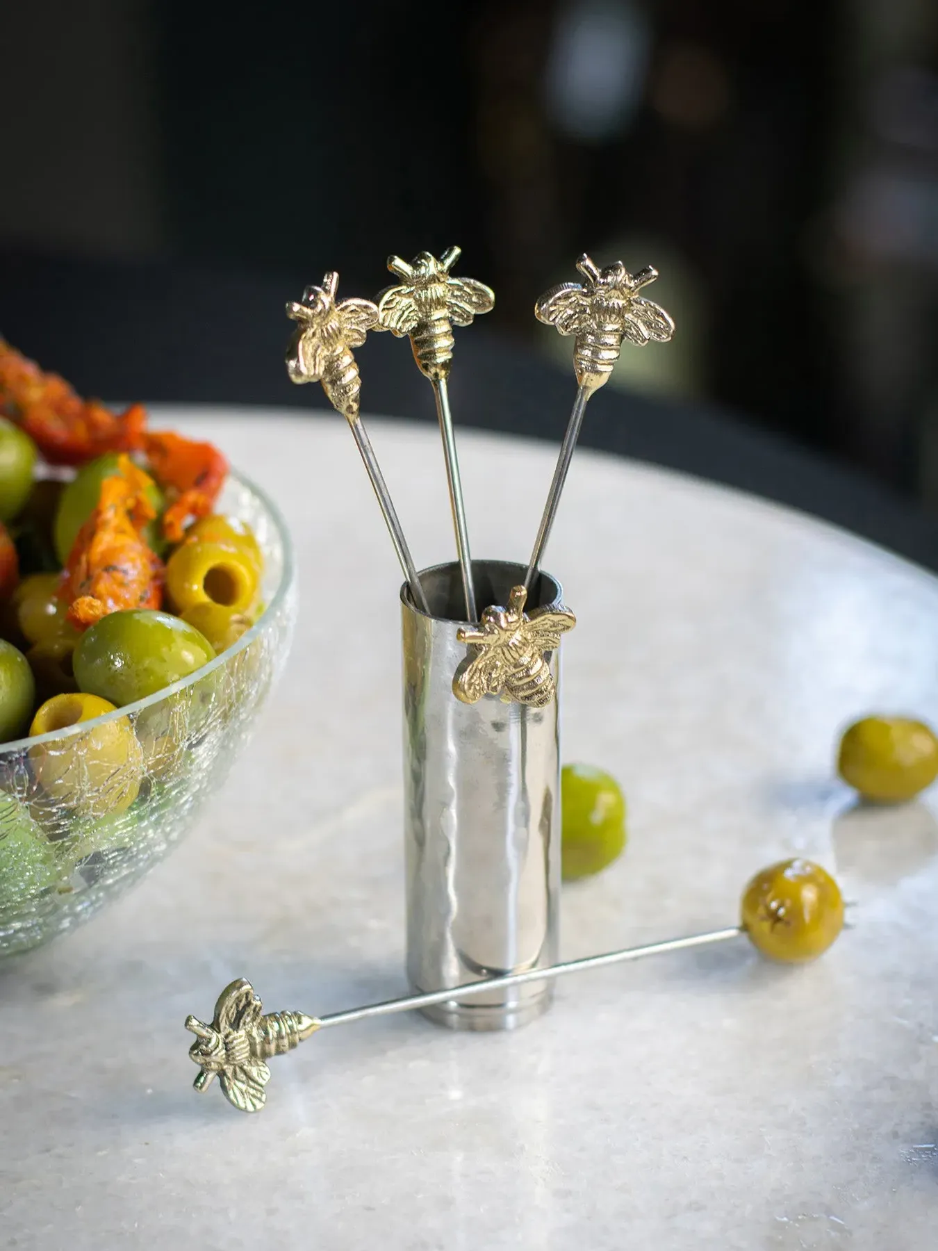 4-Piece Olive Pick Set with Holder - Steel
