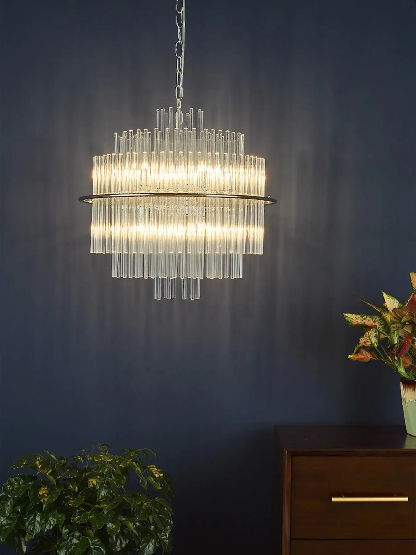13 Light Pendant with Glass Rods - Chrome