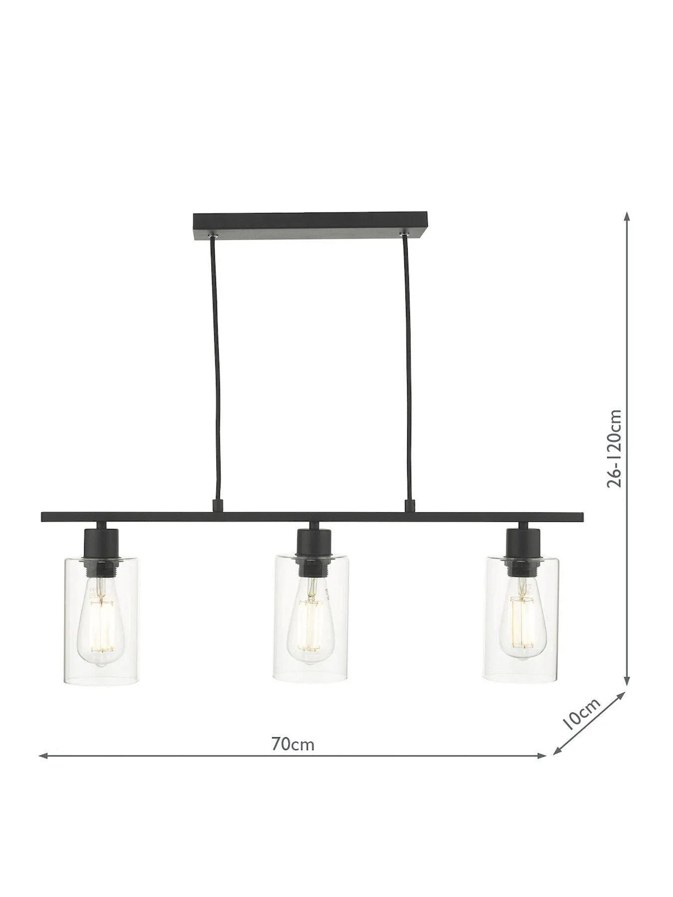 3-Light Bar Pendant - Matt Black, Glass
