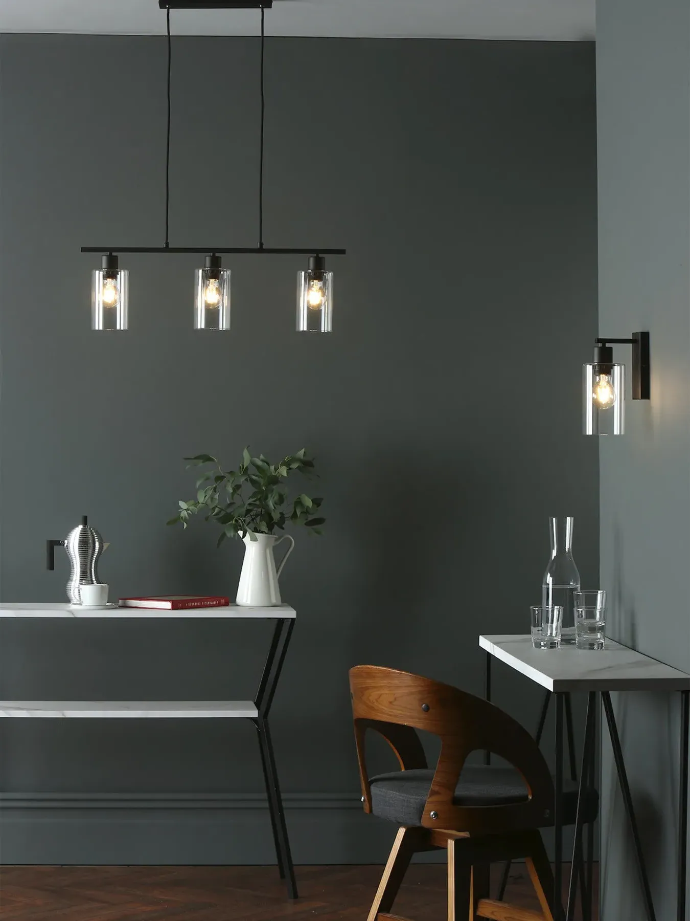 3-Light Bar Pendant - Matt Black, Glass