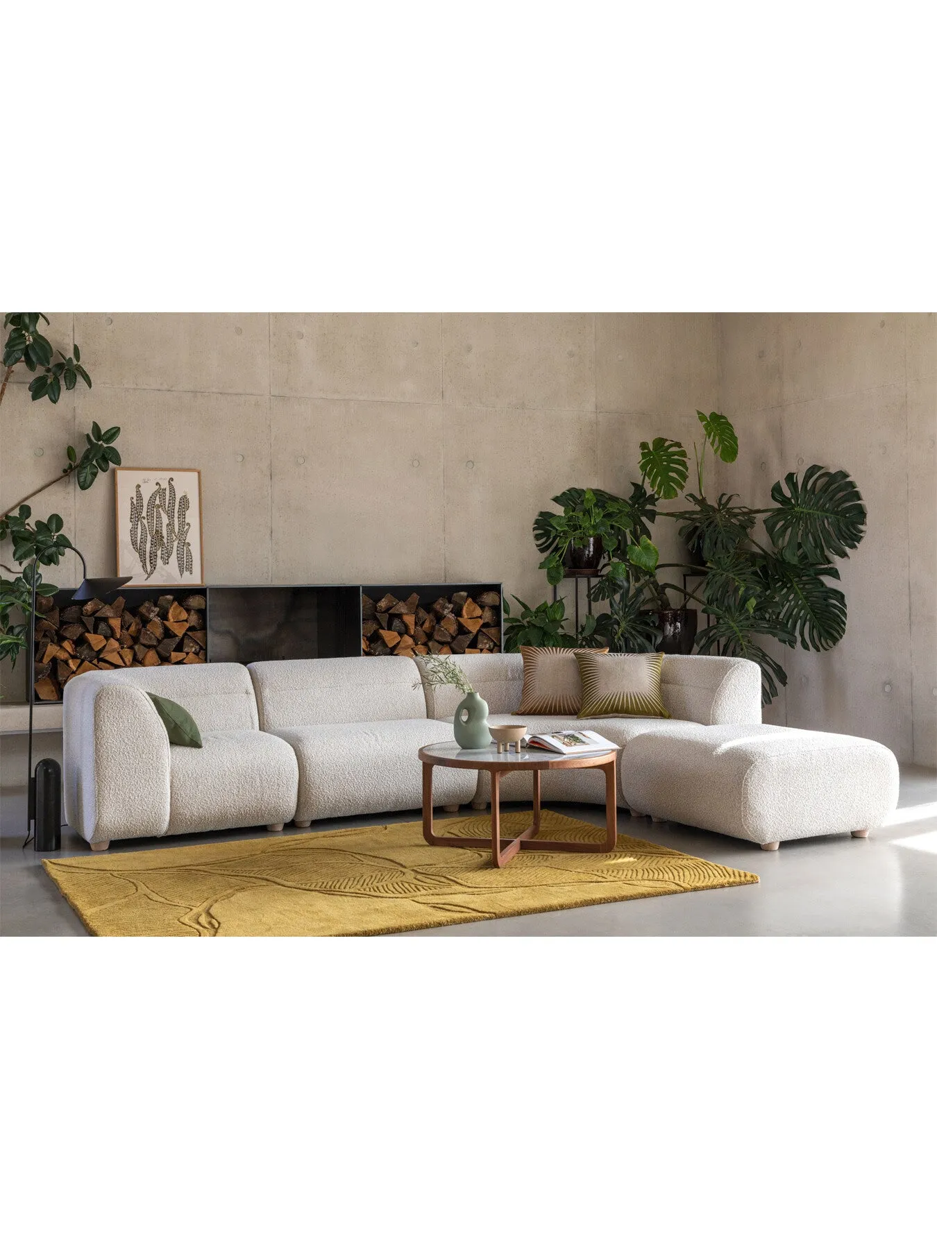 L-Shaped Corner Sofa Curved Design - Cream, Boucle