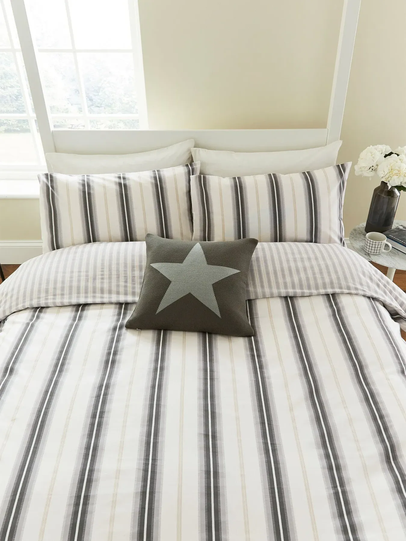 Single Duvet Cover Set Striped - Grey, Cotton