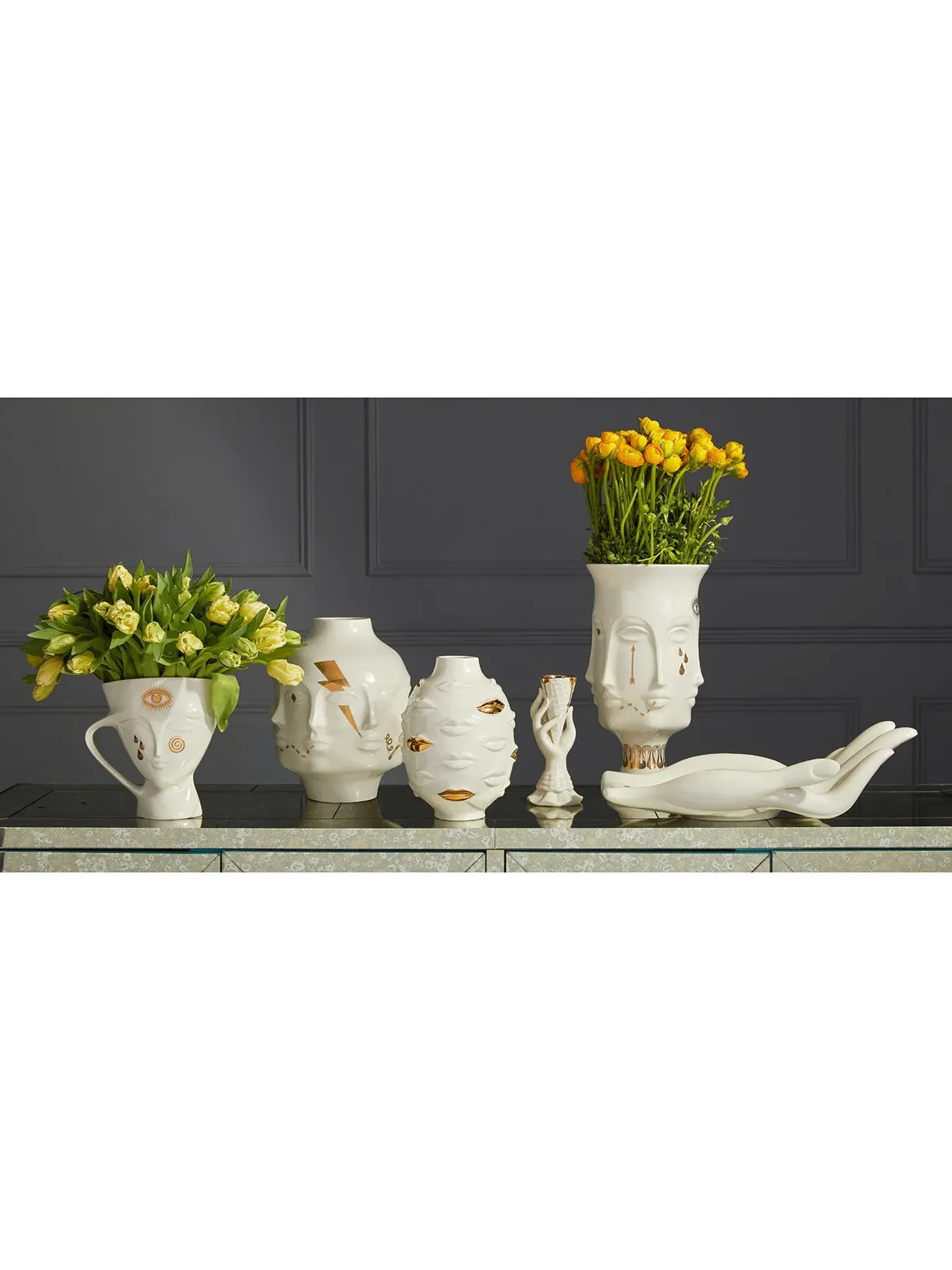 Cone Vase with Gold Detail - White, Ceramic