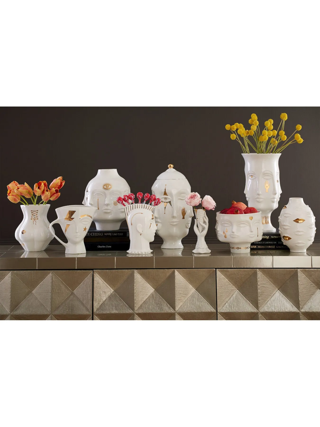 Cone Vase with Gold Detail - White, Ceramic