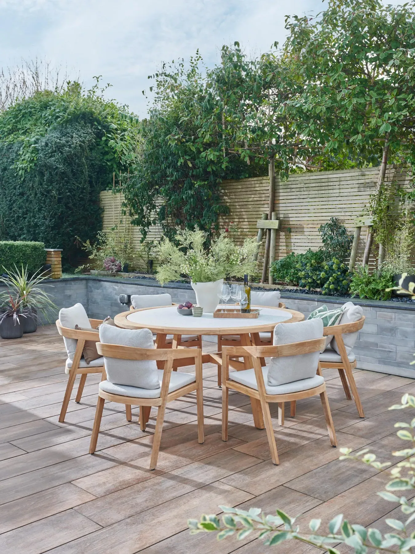 6-Seat Round Dining Set - Teak, Terrazo Top