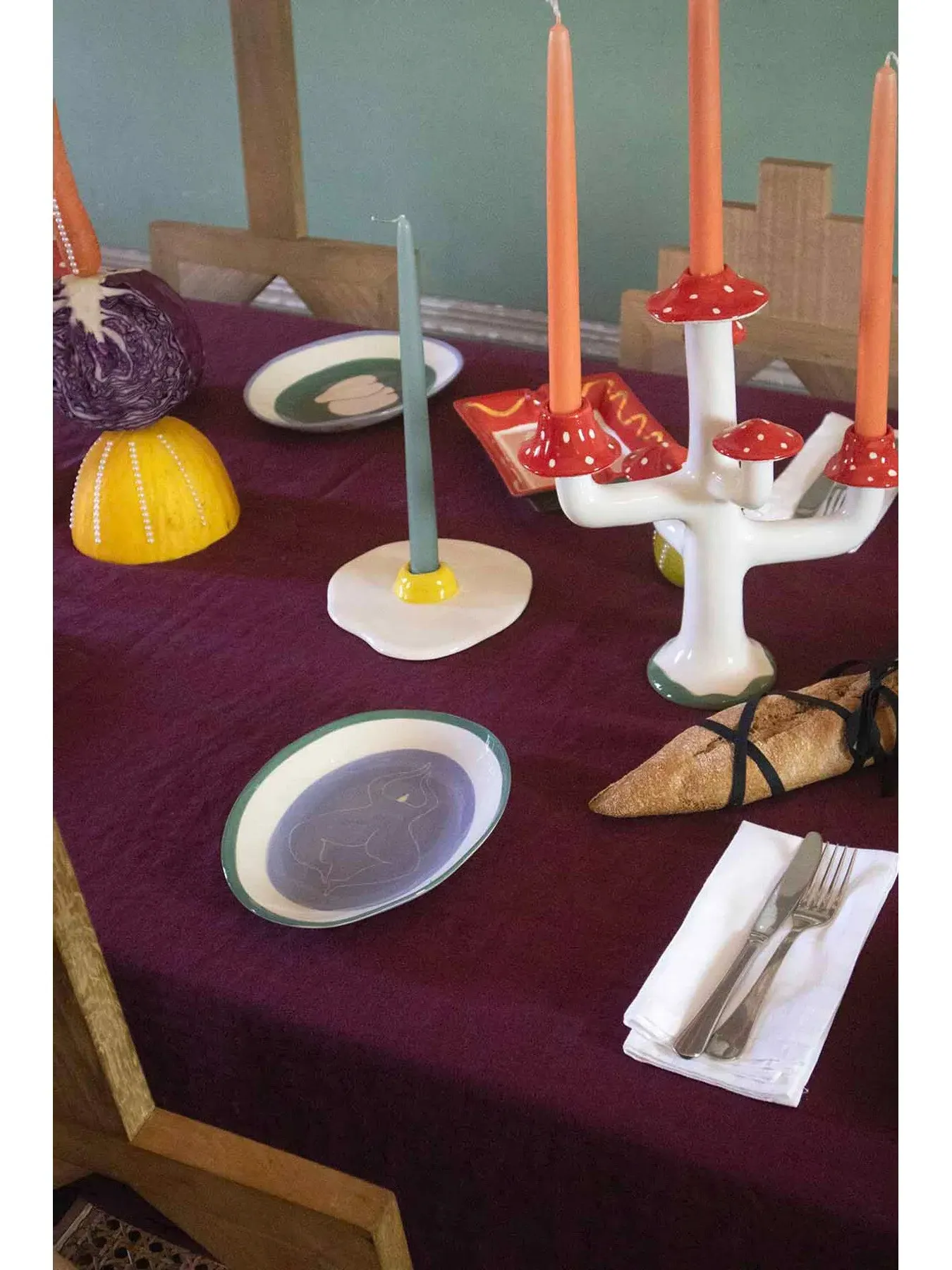 Mushroom Candleholder Hand-Painted - Red, Ceramic