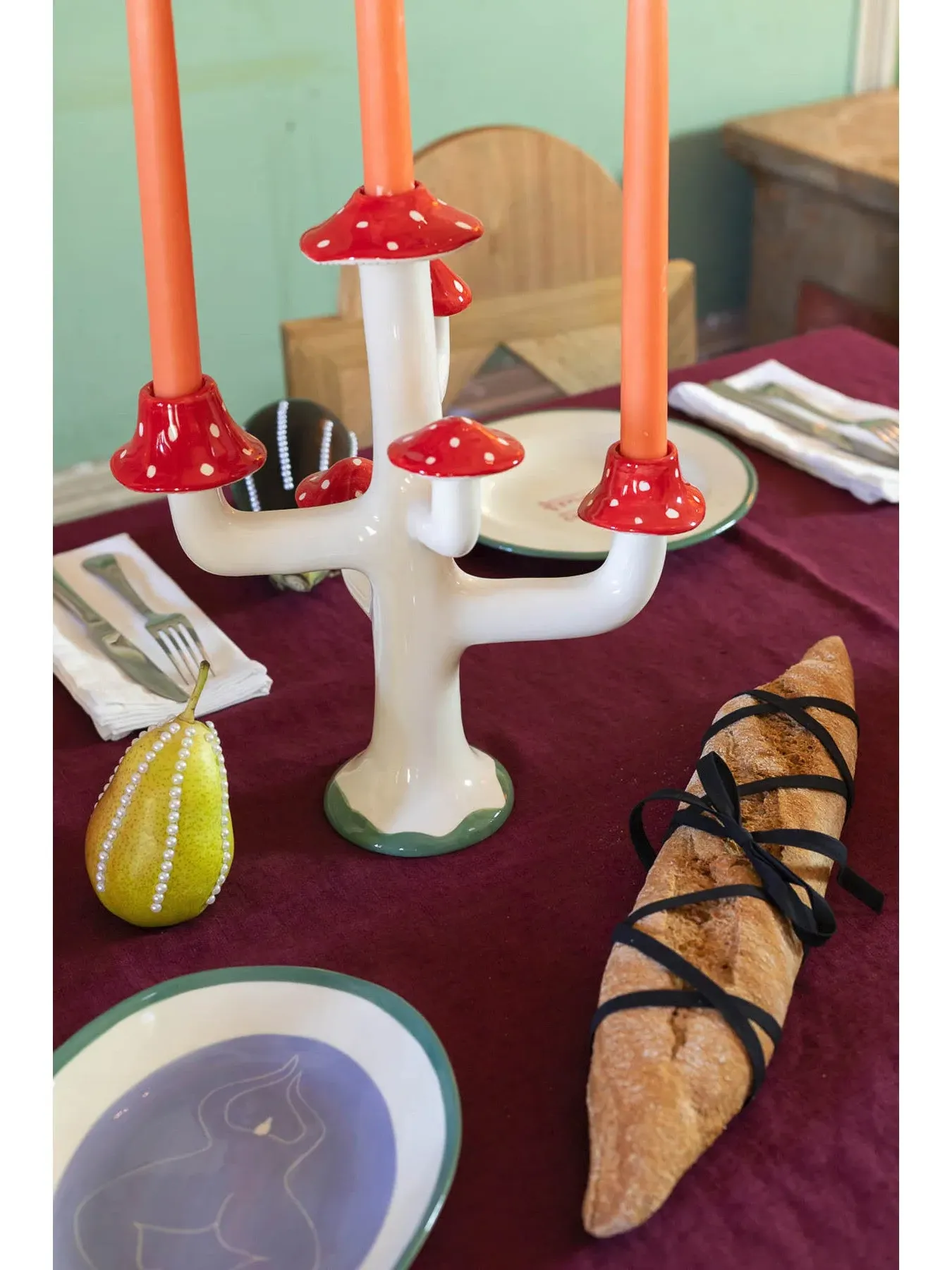 Mushroom Candleholder Hand-Painted - Red, Ceramic