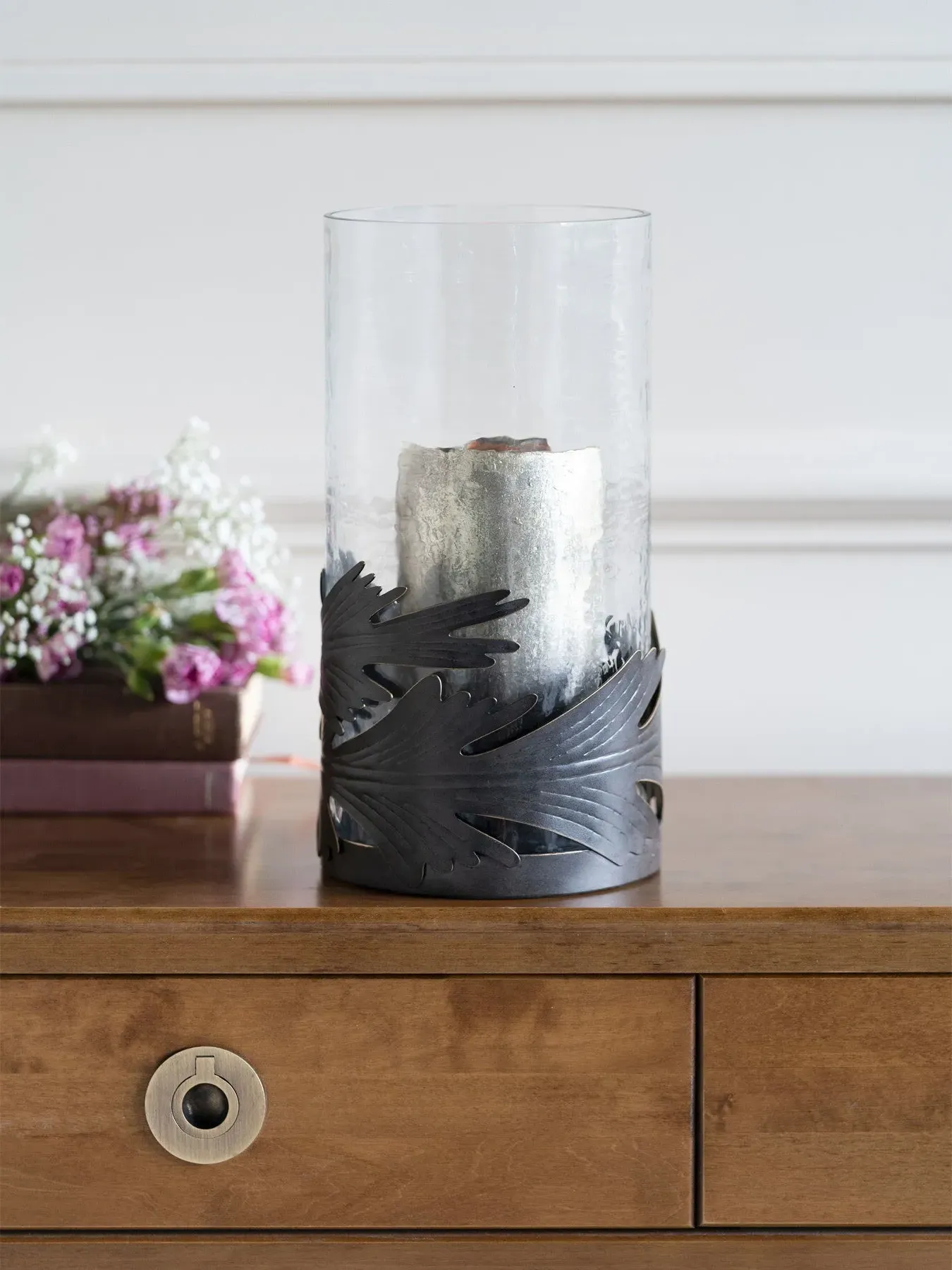 Hurricane Lantern with Leaf Design - Brown, Metal