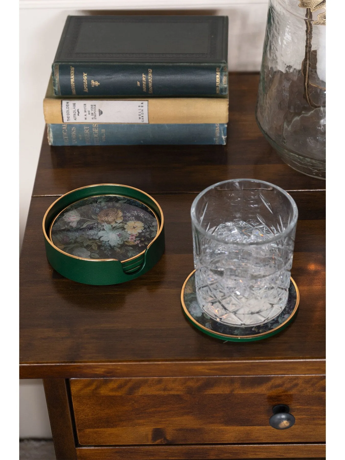 Set of 4 Coasters with Holder - Multi, Floral