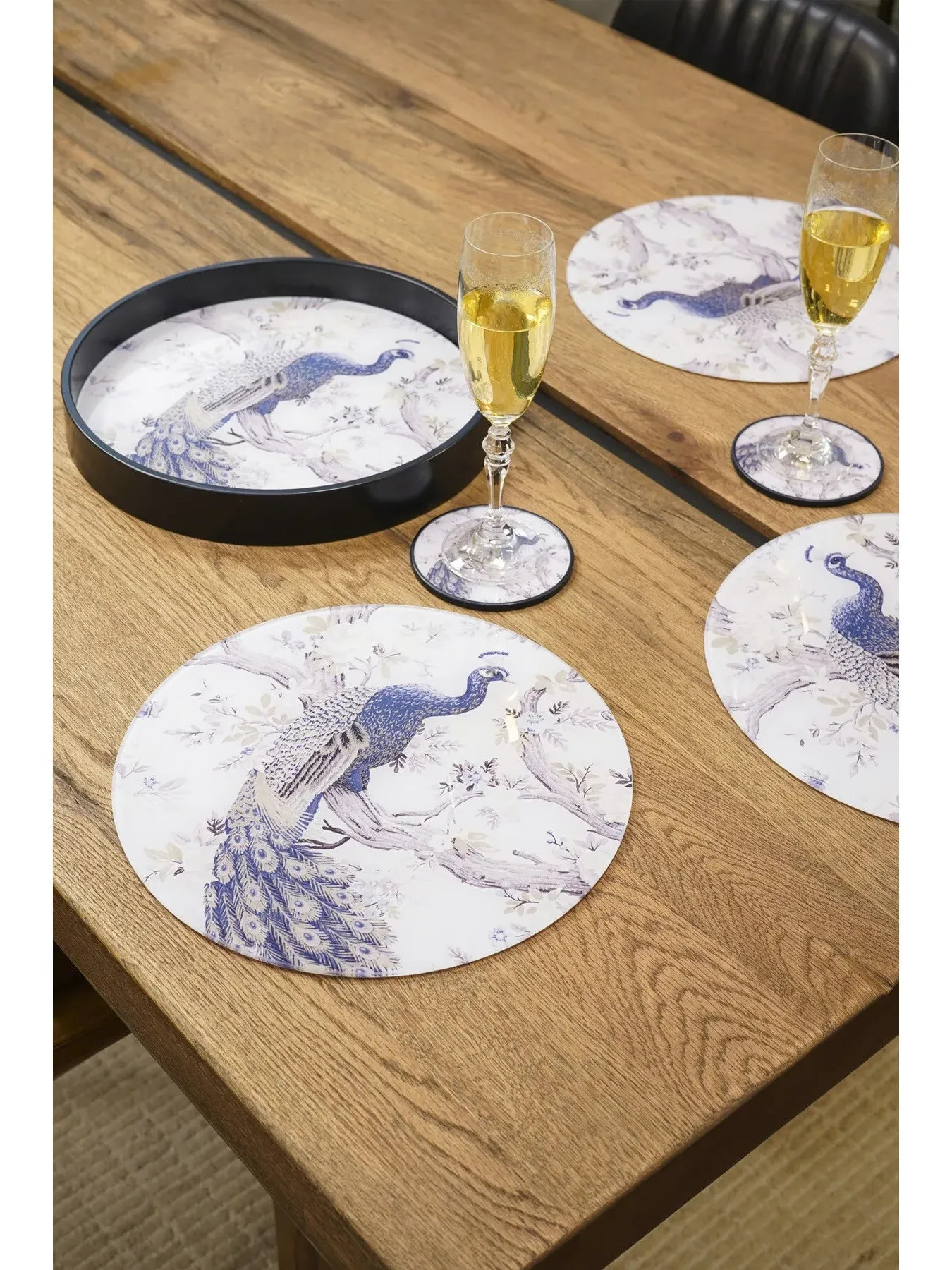 Set of 4 Placemats with Holder - Black, Peacock