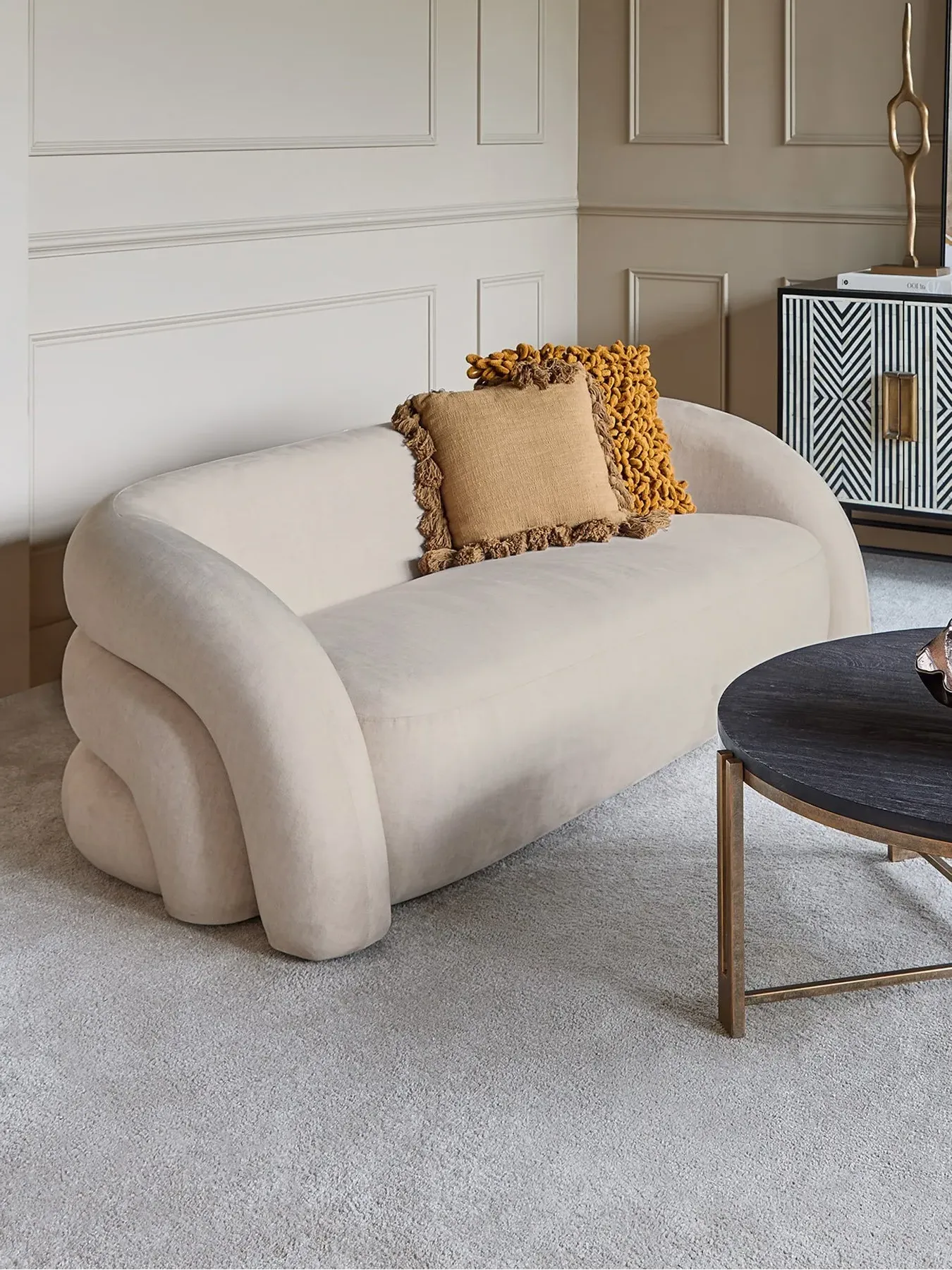 2-Seater Curved Sofa Upholstered - Cream, Fabric