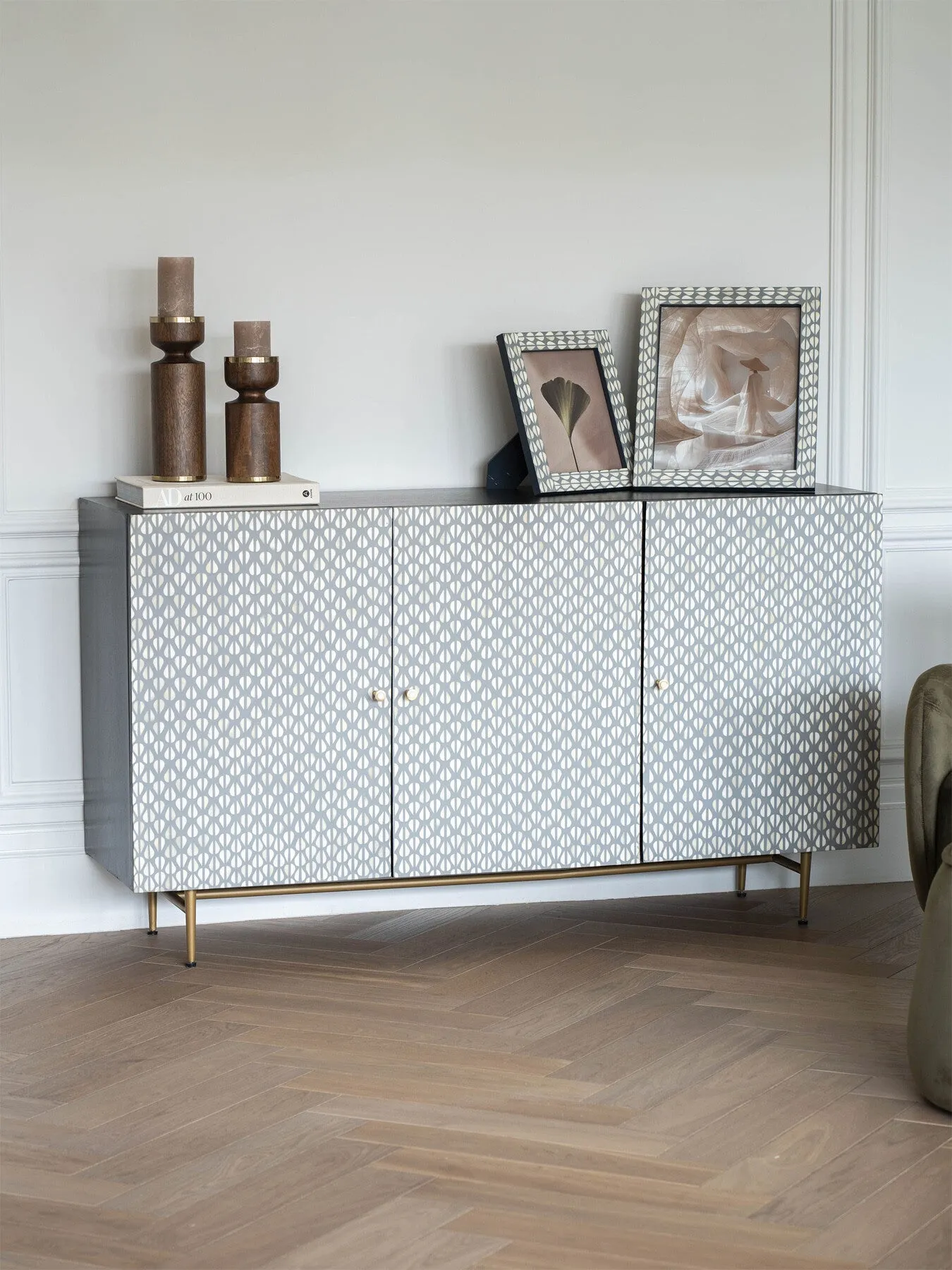 3-Door Buffet Sideboard with Bone Inlay - Grey