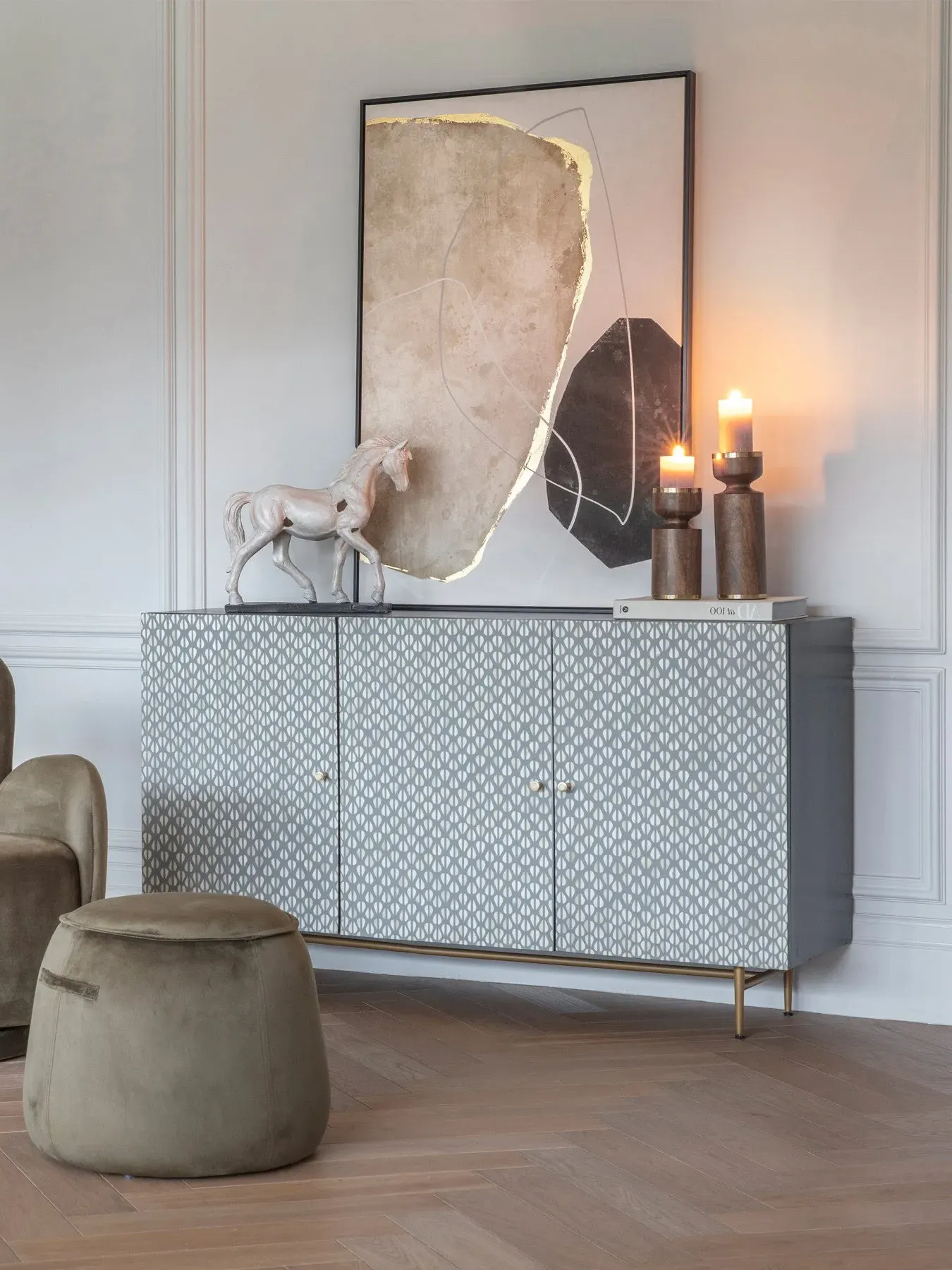 3-Door Buffet Sideboard with Bone Inlay - Grey