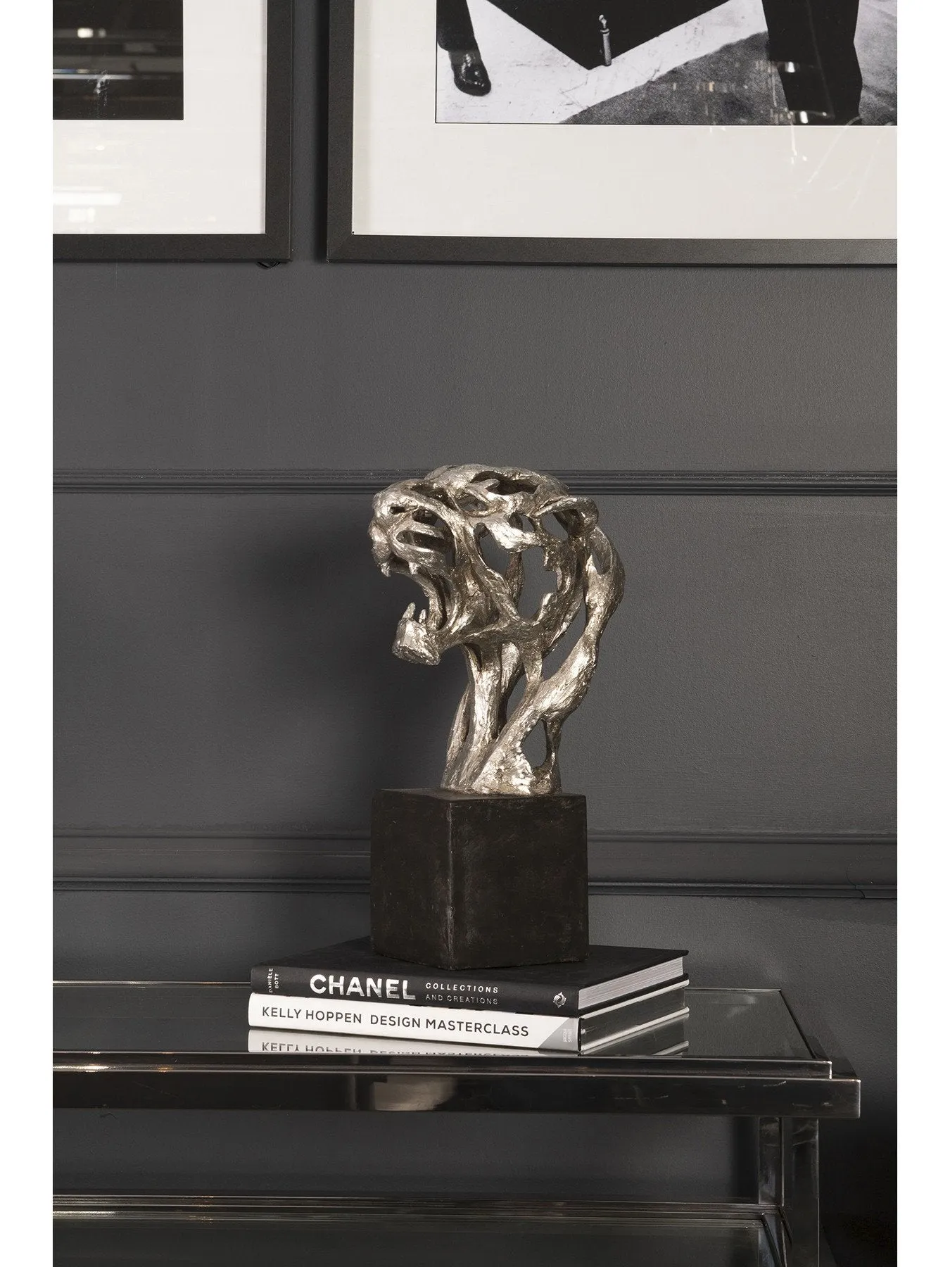 Abstract Tiger Head Sculpture - Silver, Resin