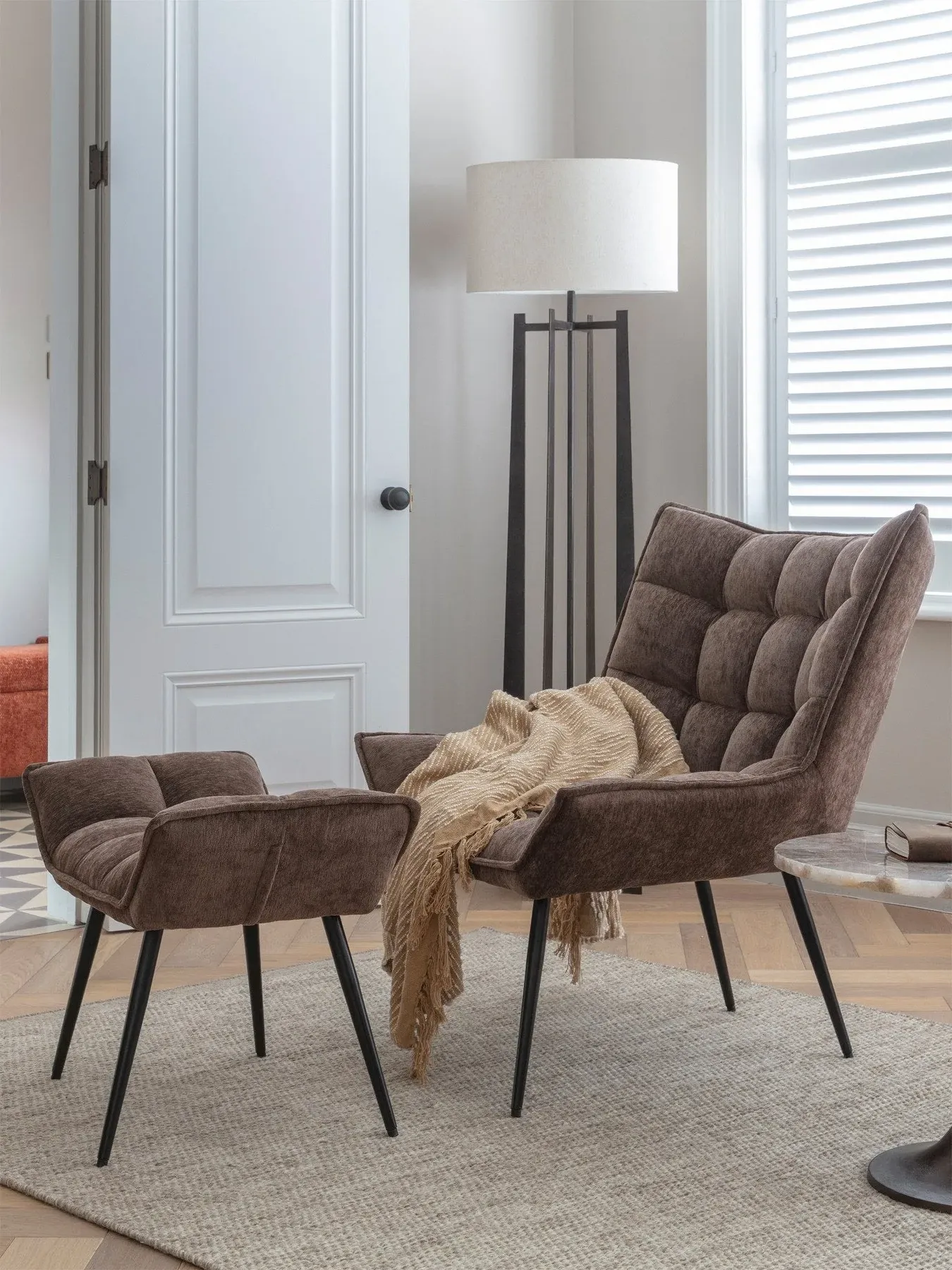 Occasional Chair with Footstool - Brown, Velvet