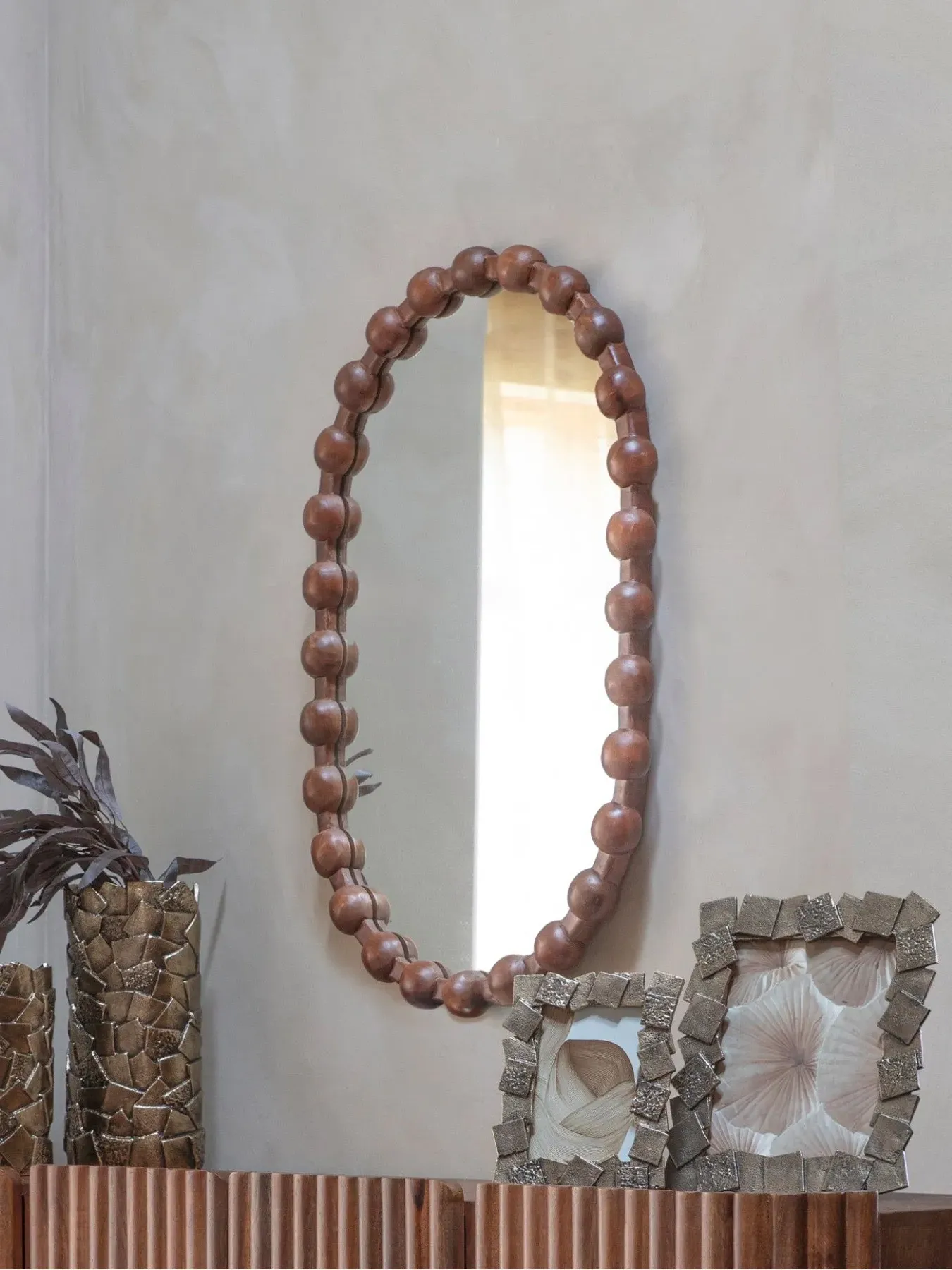 Oval Carved Mirror - Brown, Wood