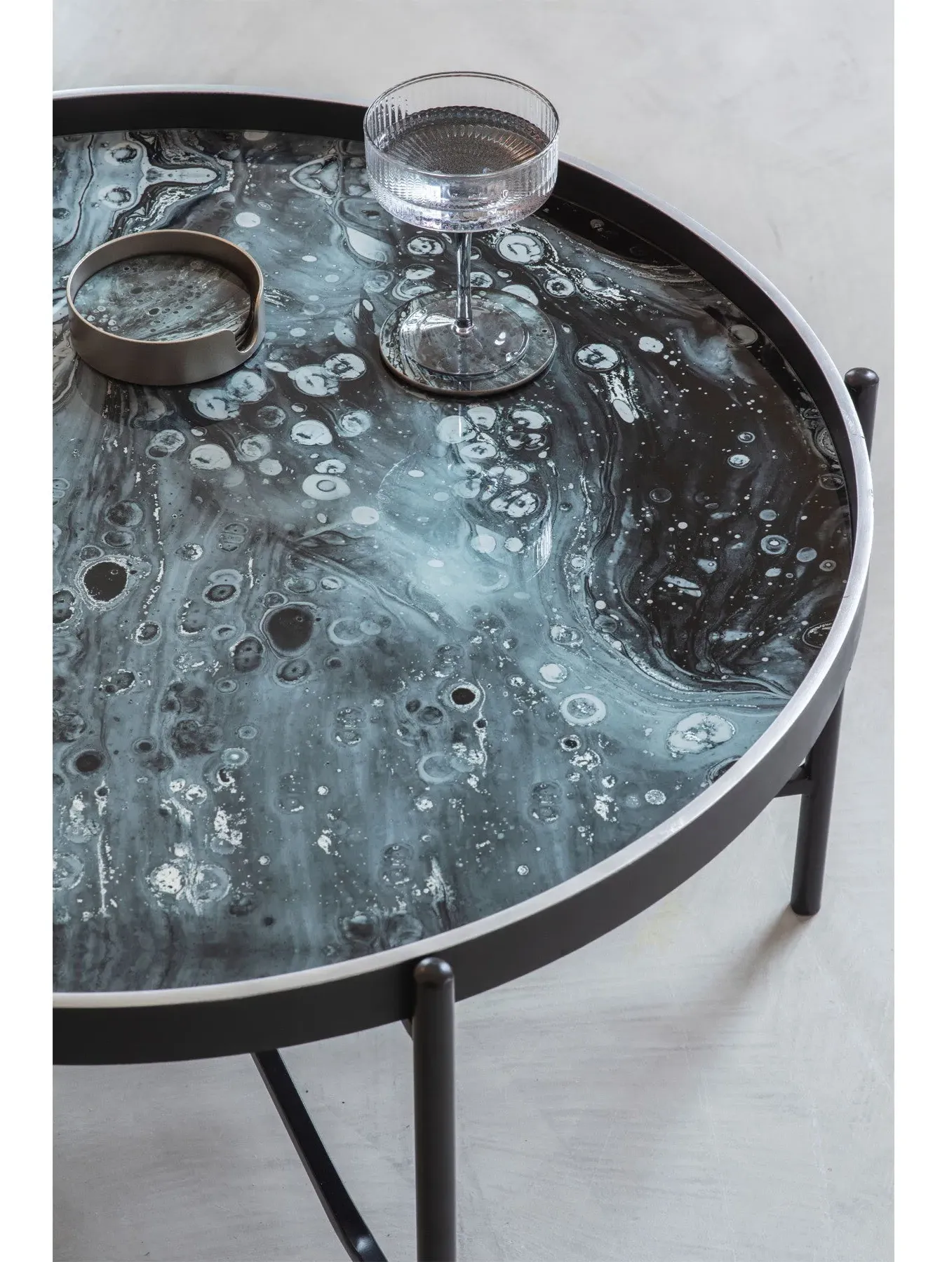 Round Coffee Tray Table with Storage - Silver
