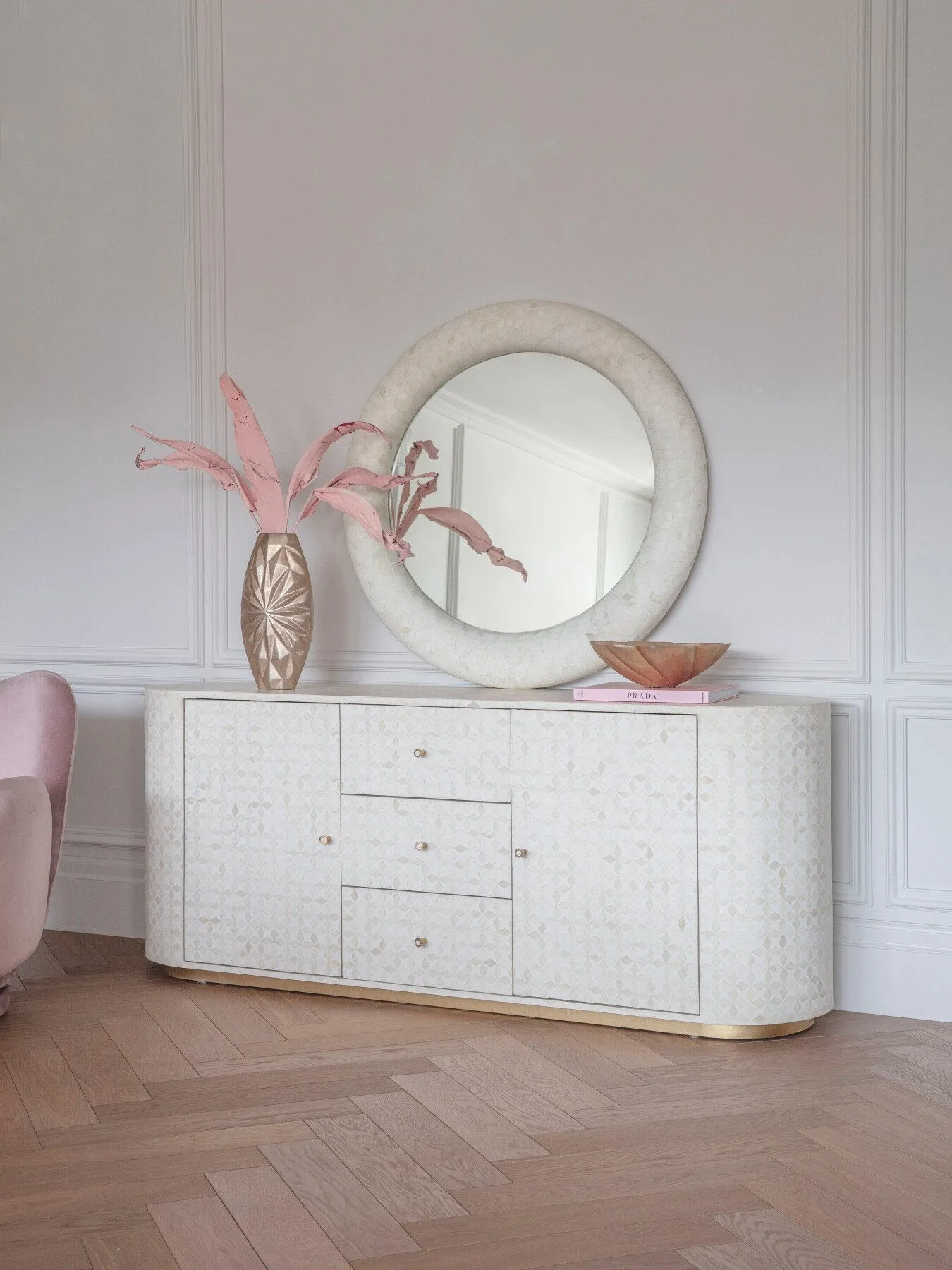 Round Mirror with Bone Inlay - White