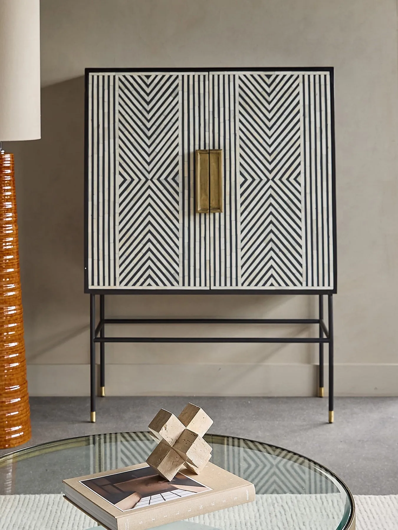 Tall Storage Cabinet with Bone Inlay - Black, Wood