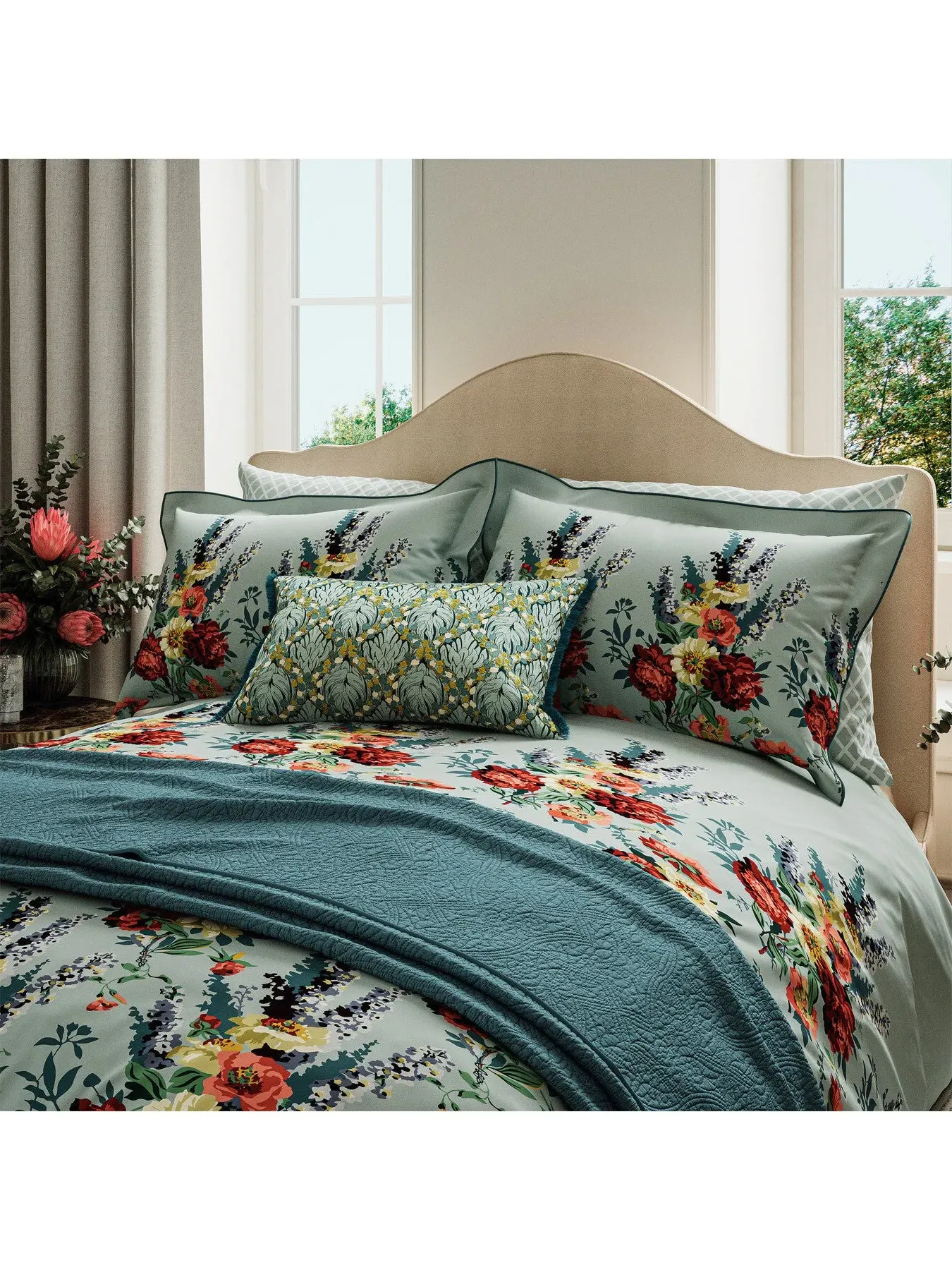 King Size Duvet Cover Set - Teal, Botanical Print