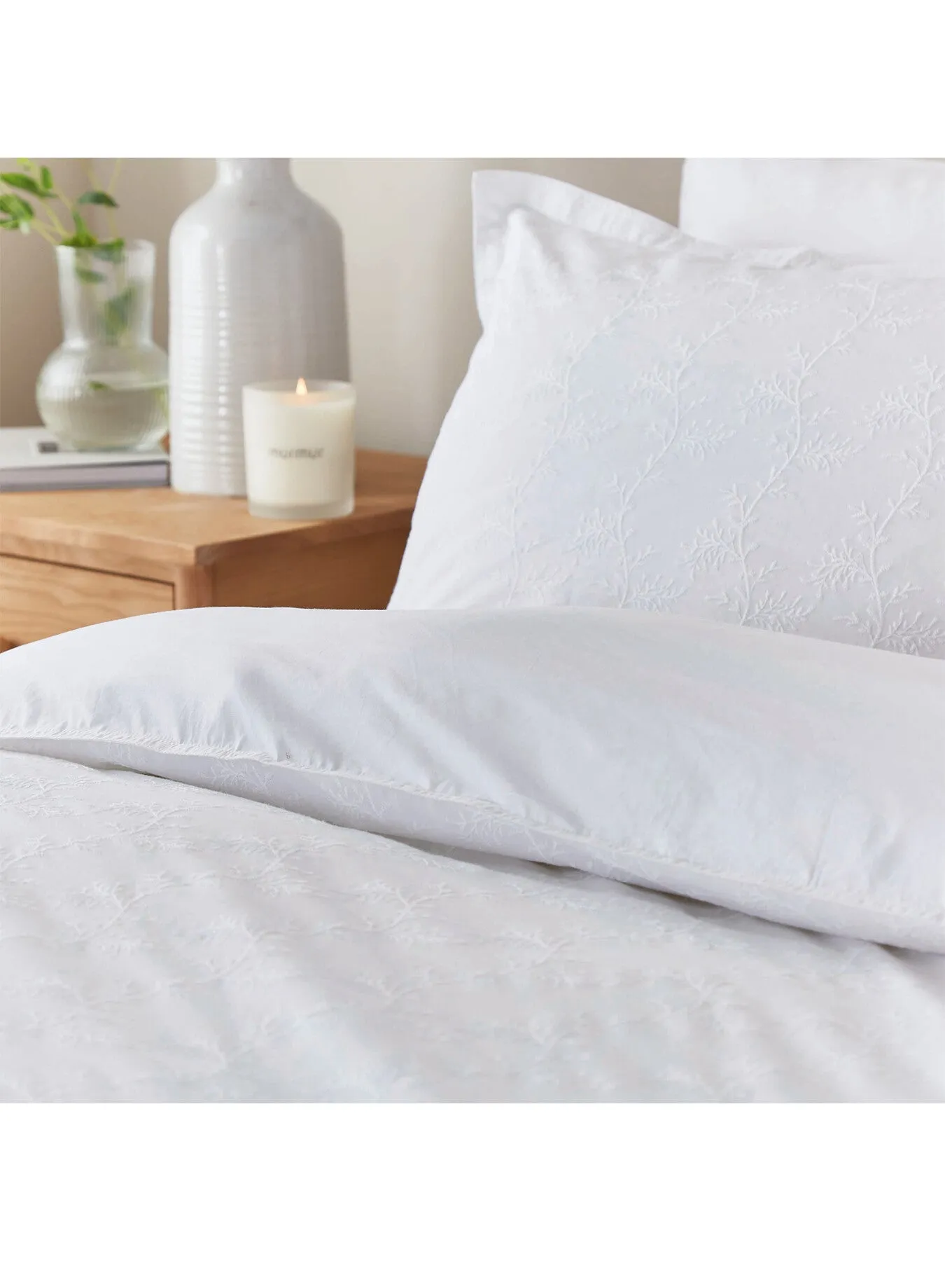 Single Bedding Set Embroidered - White, Cotton