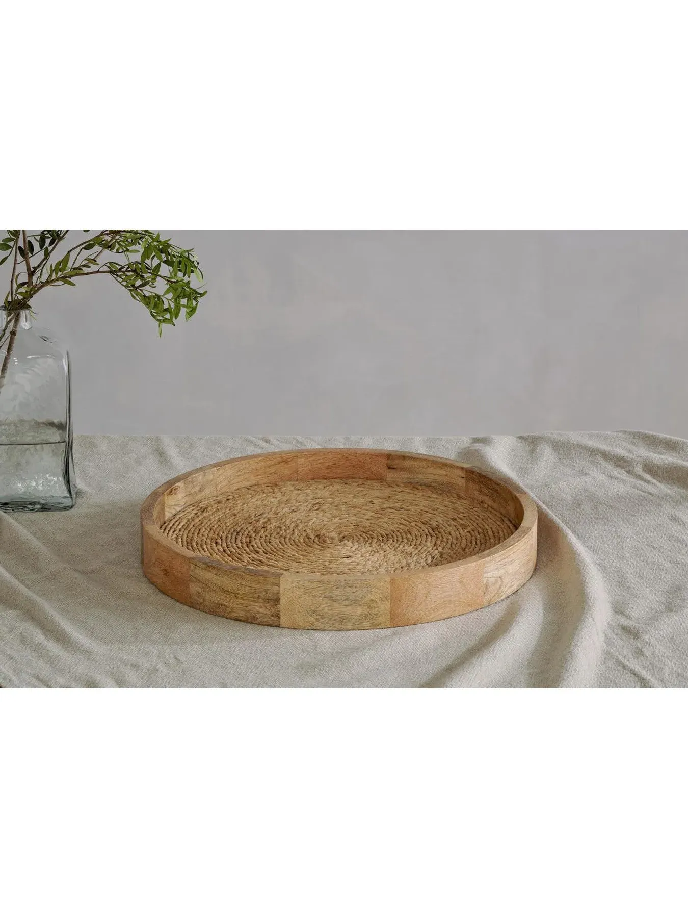 Round Serving Tray with Jute Weave - Sand, Mango Wood