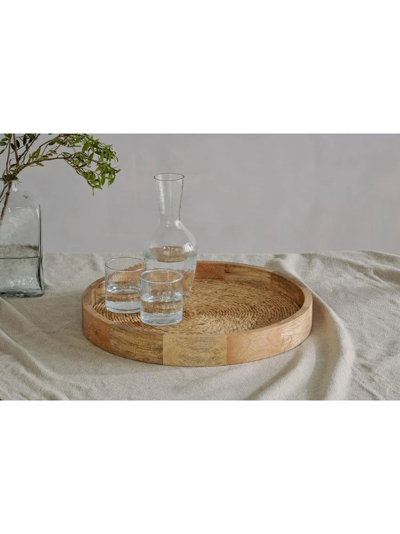 Round Serving Tray with Jute Weave - Sand, Mango Wood