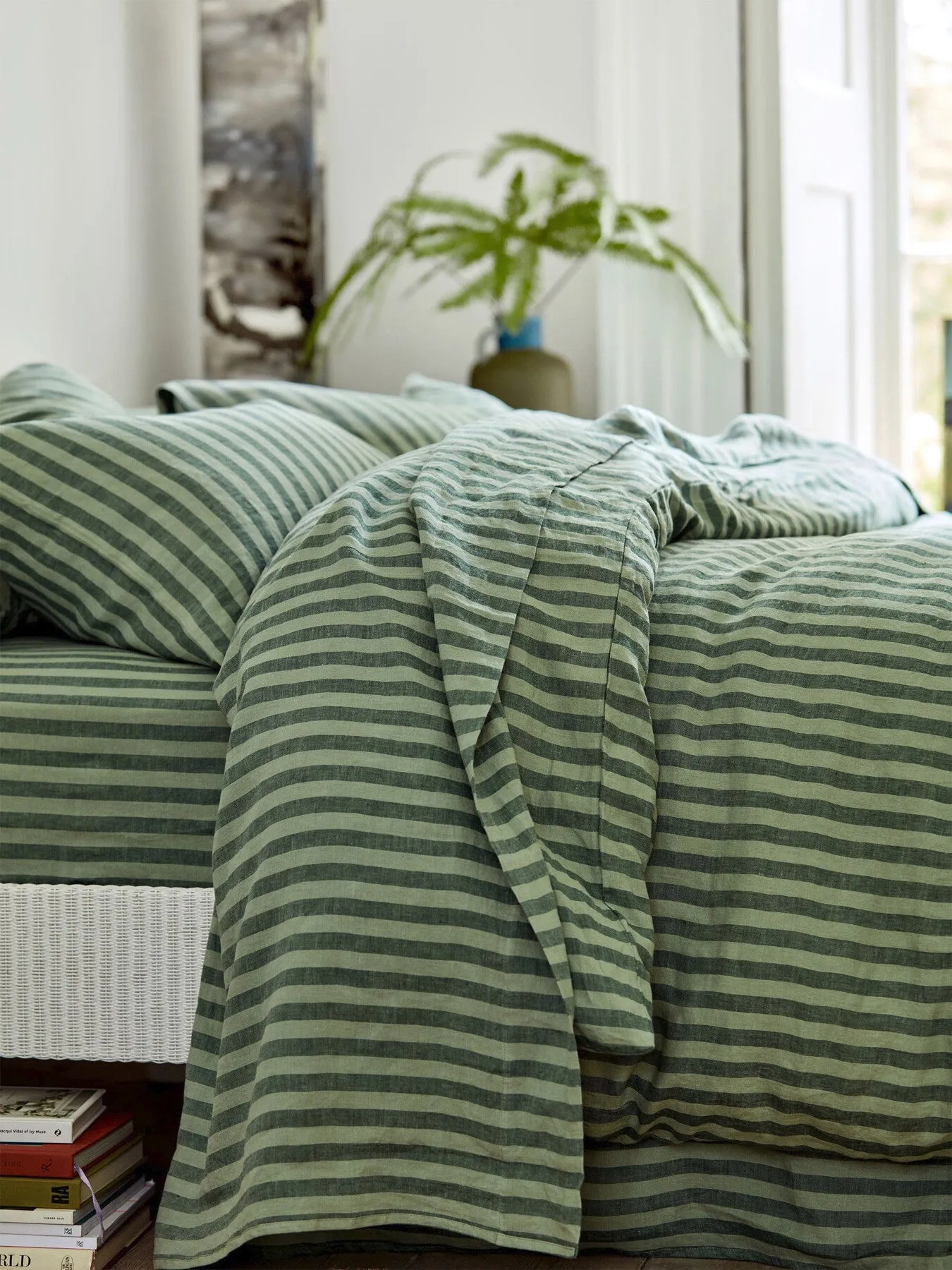 Double Duvet Cover Stripe - Green, Linen