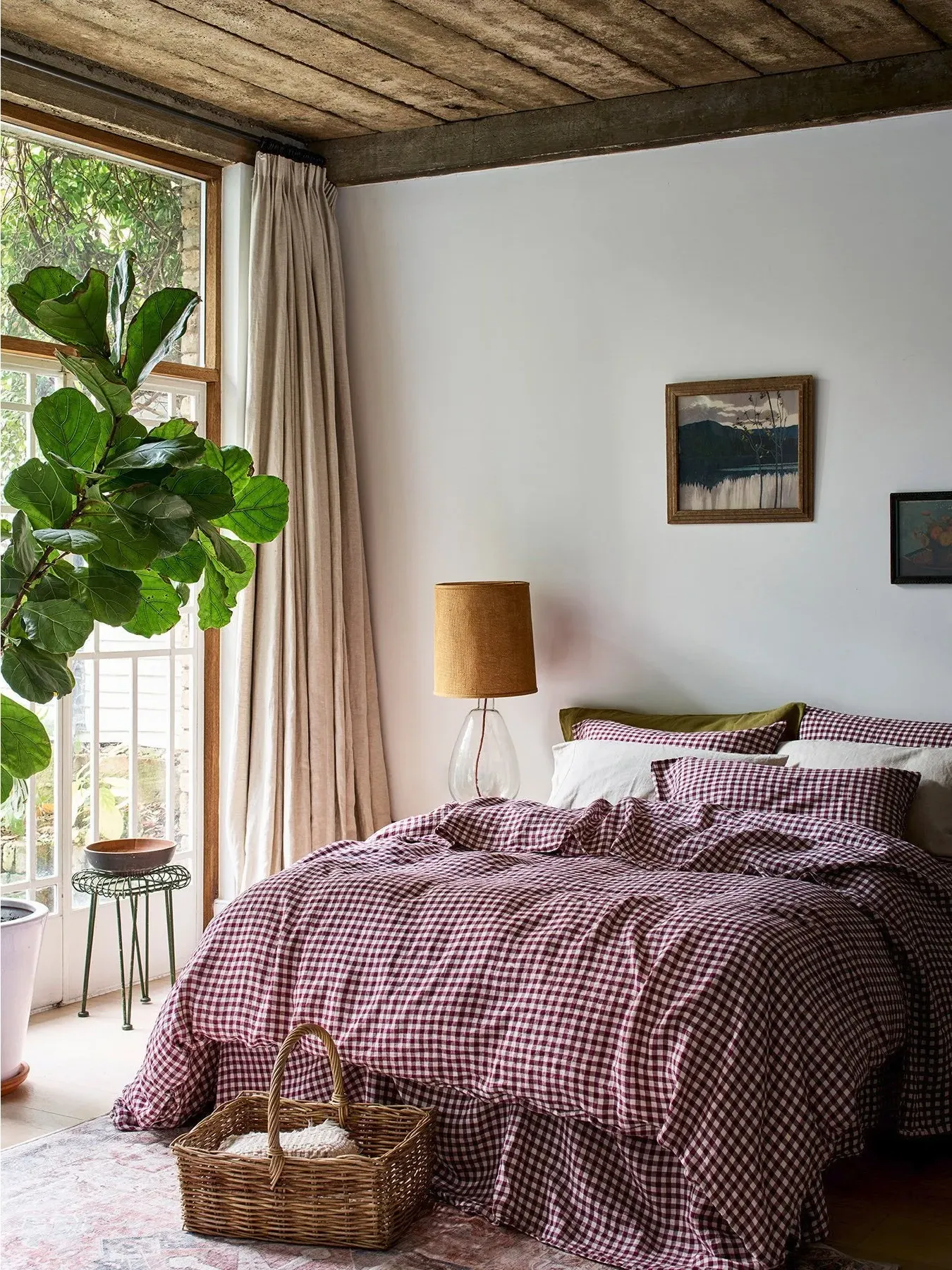 Double Gingham Duvet Cover - Berry, Linen Blend