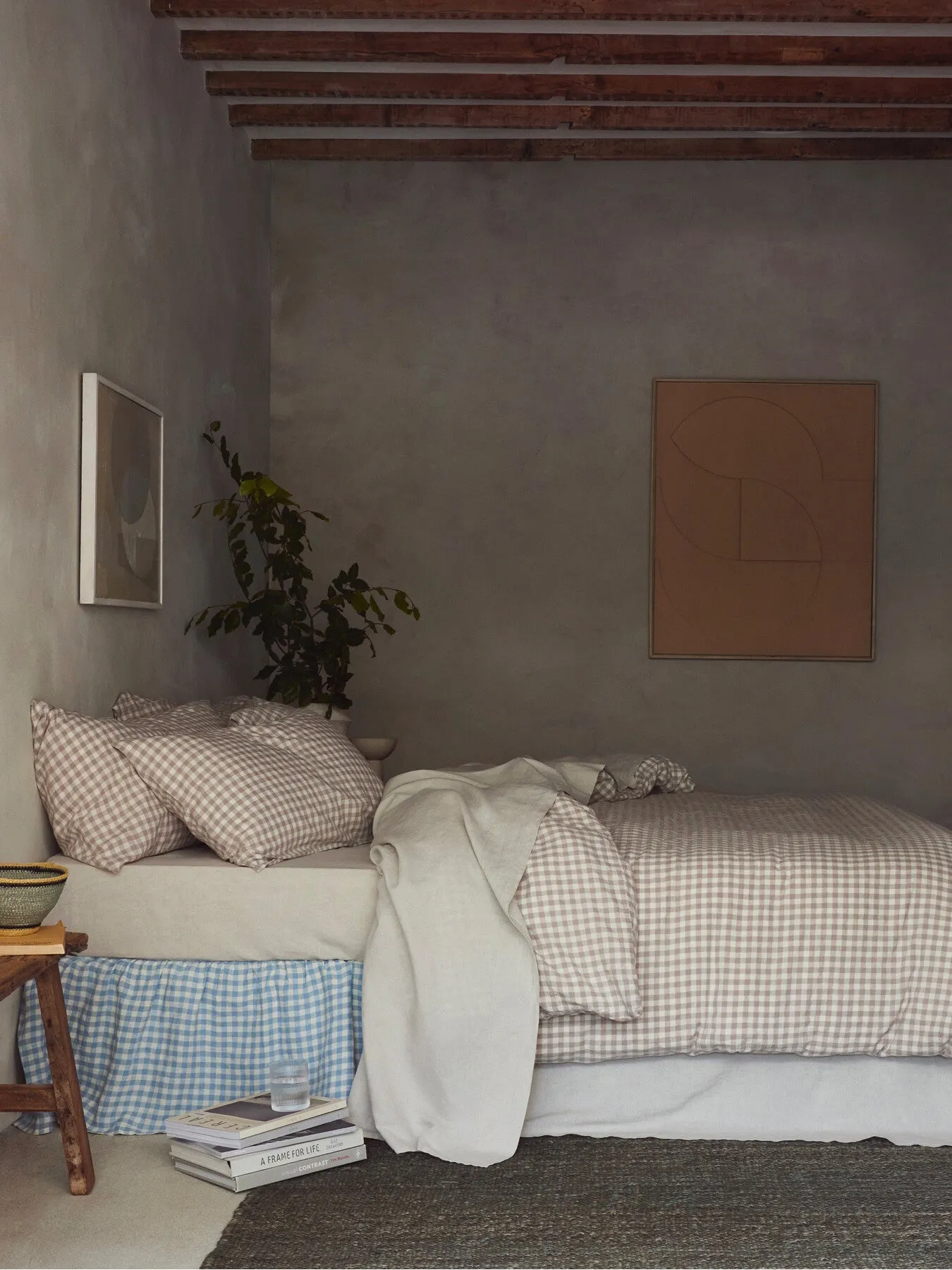 Single Duvet Cover Gingham - Mushroom, Linen Blend