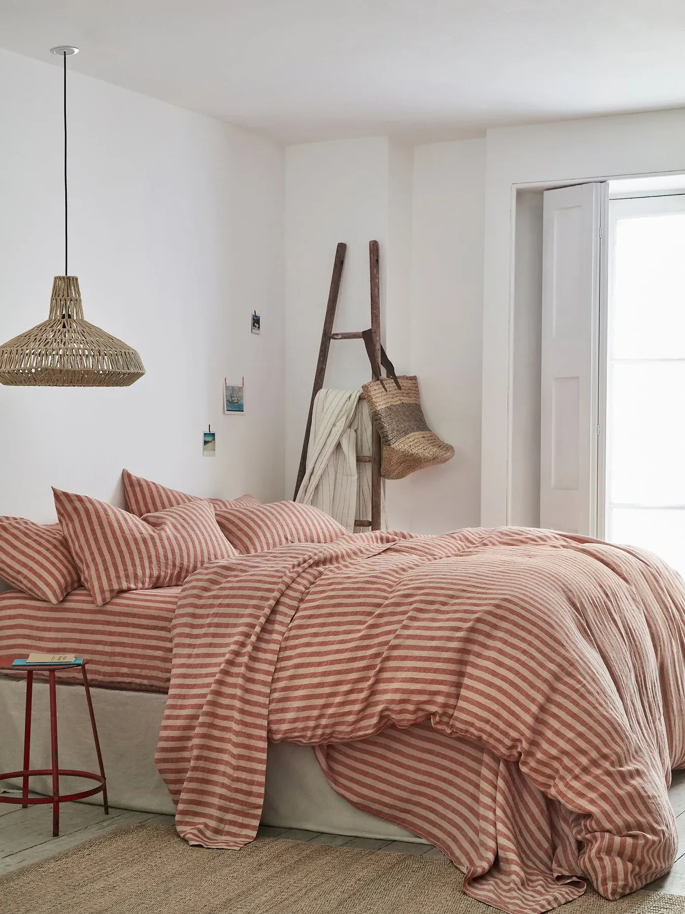 Super King Duvet Cover Stripe - Red, Linen Blend