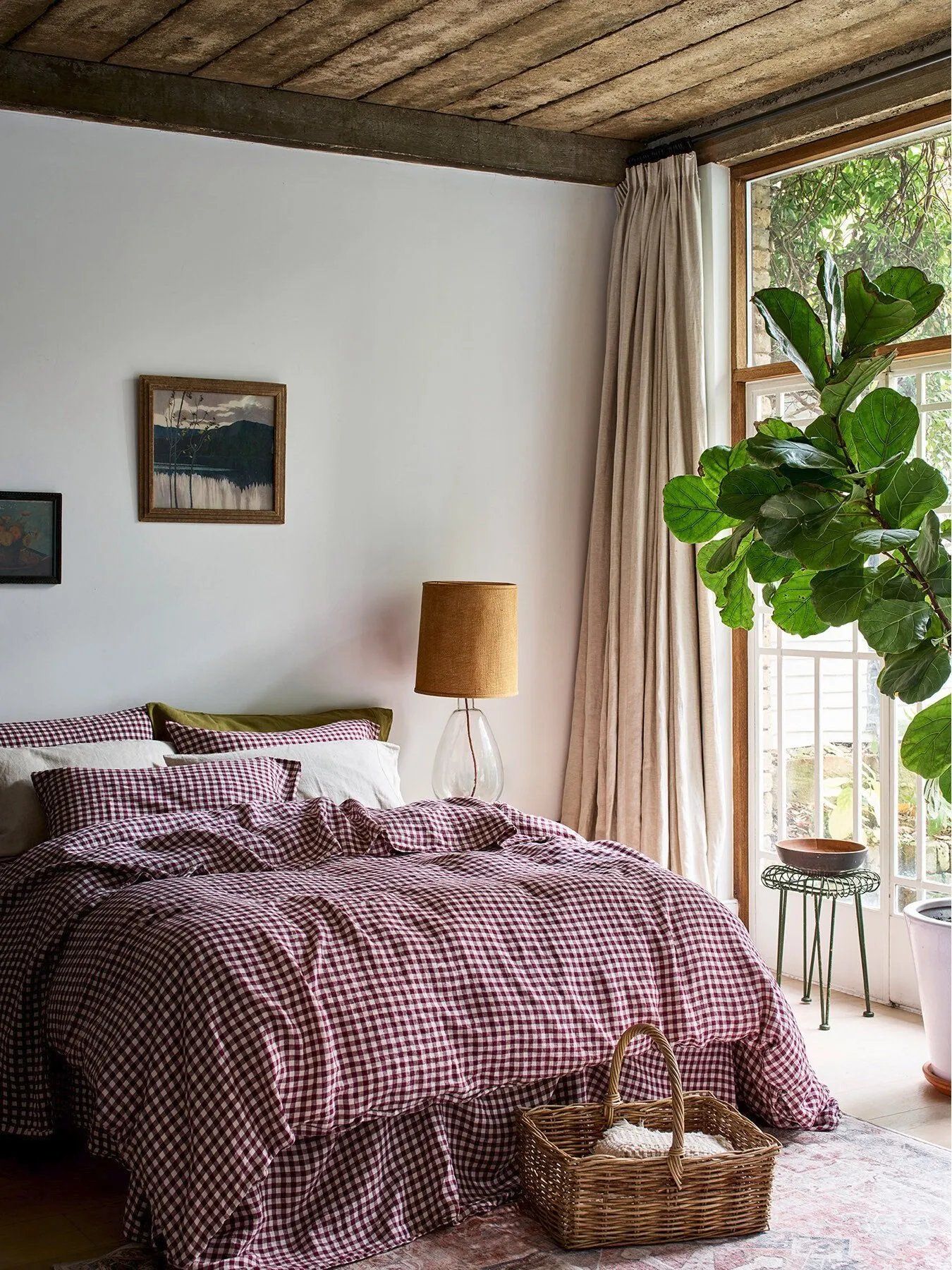 Super King Gingham Duvet Cover - Berry, Linen