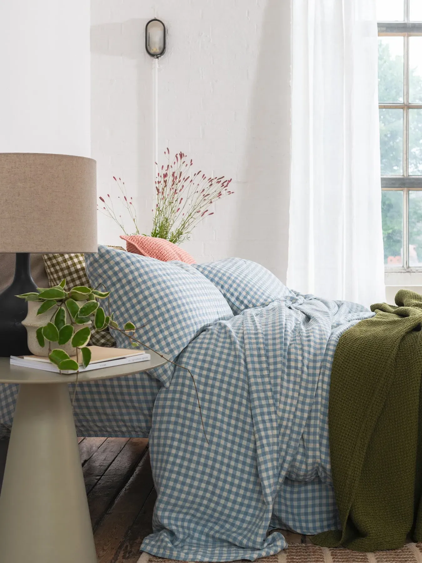 Super King Pillowcase Pair - Blue, Gingham Linen image